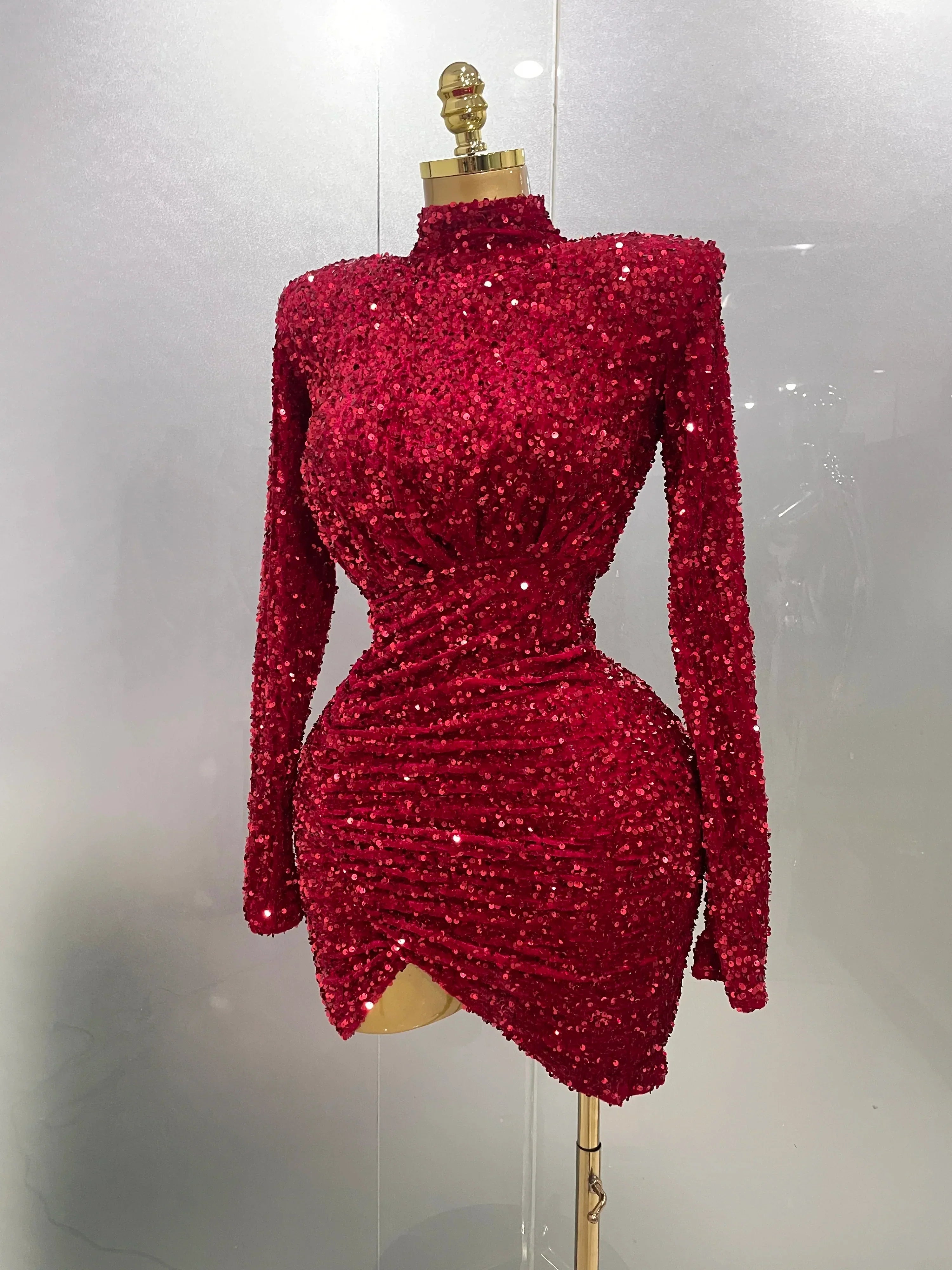 Sexy Sparkly Red Sequins Long Sleeve Short Dress  Women Evening Celebrate Birthday Party Club Performance Stage Costume