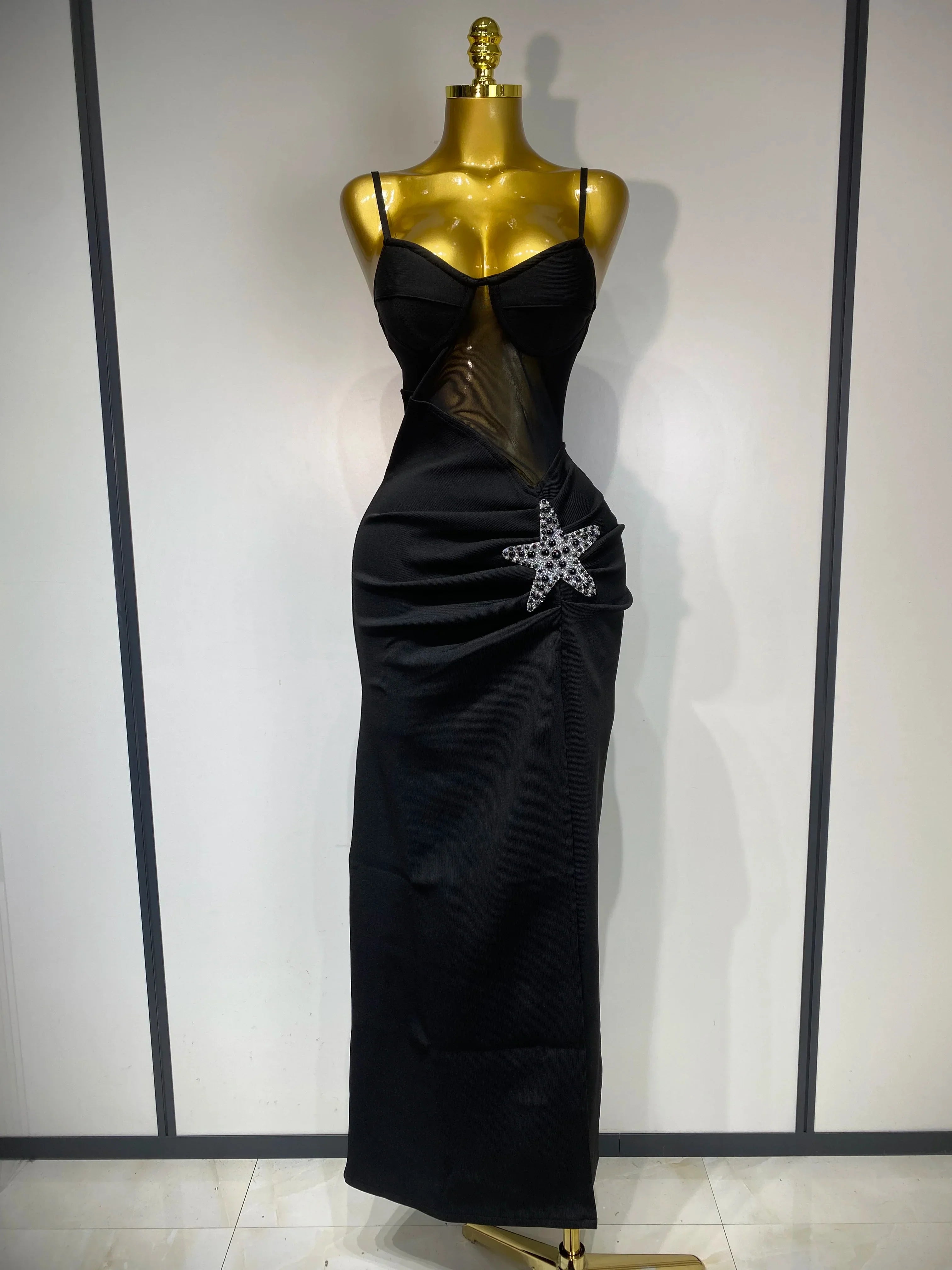 Sexy Long Dress Starfish Decoration Bandage Dress Women Elegant Style Fashion Evenig Party Luxury Birthday Prom Gowns black