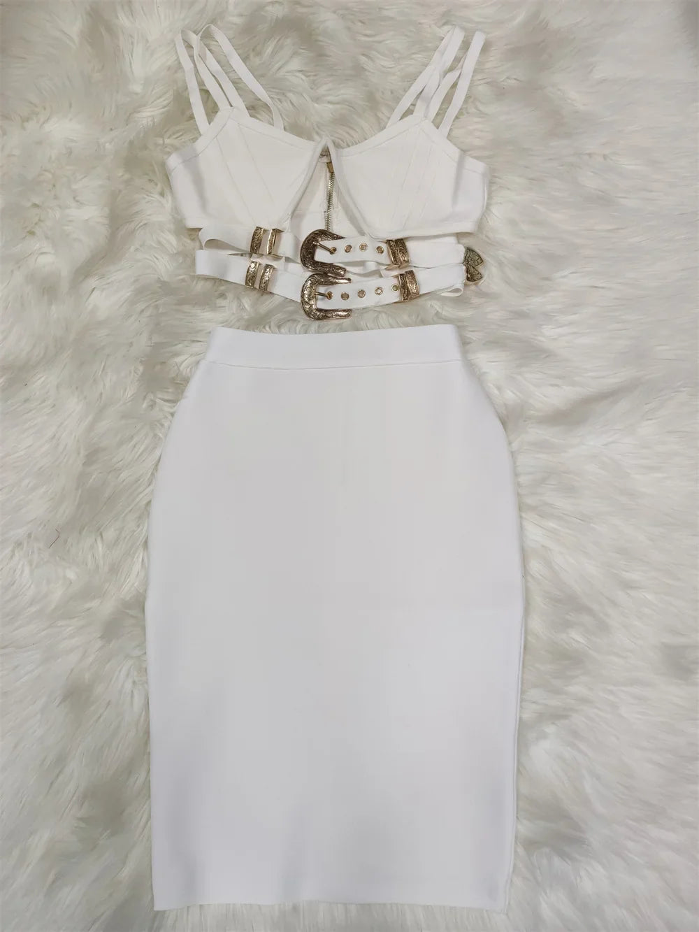 3 Colors Women Sexy Tops Skirts Set Rayon Bandage Fashion Nightclub Party Wear Women's Set High Quality WHITE