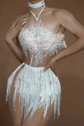 STOCK Women Sexy Off the Shoulder Shinning Sequins Tassels Bodycon Mini Dress 2 Pieces Celebrate Nightclub Performance Costume WHITE