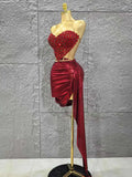 Shinning Red Crystal Women Sexy Strapless 2 Pieces Bodycon Mini Dress Nightclub Party Celebrate Birthday Photo Shoot Wear Red