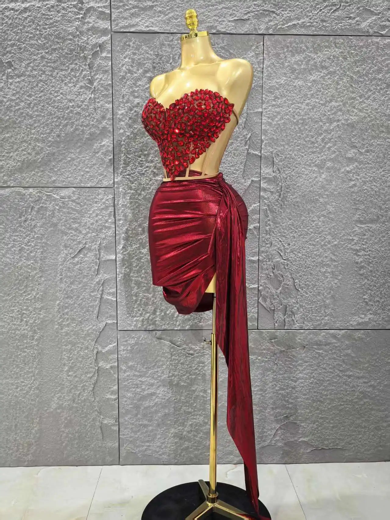 Shinning Red Crystal Women Sexy Strapless 2 Pieces Bodycon Mini Dress Nightclub Party Celebrate Birthday Photo Shoot Wear Red