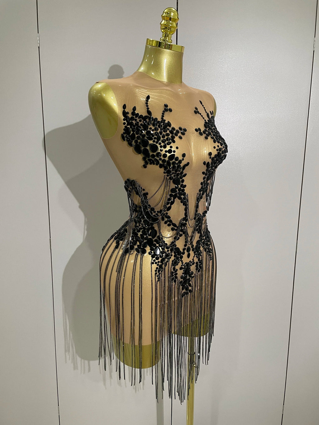 Luxury Sparkly Rhinestones Chain Sleeveless Mini Dress  Women Sexy Performance Dance Nightclub Outfit Birthday Party Dress