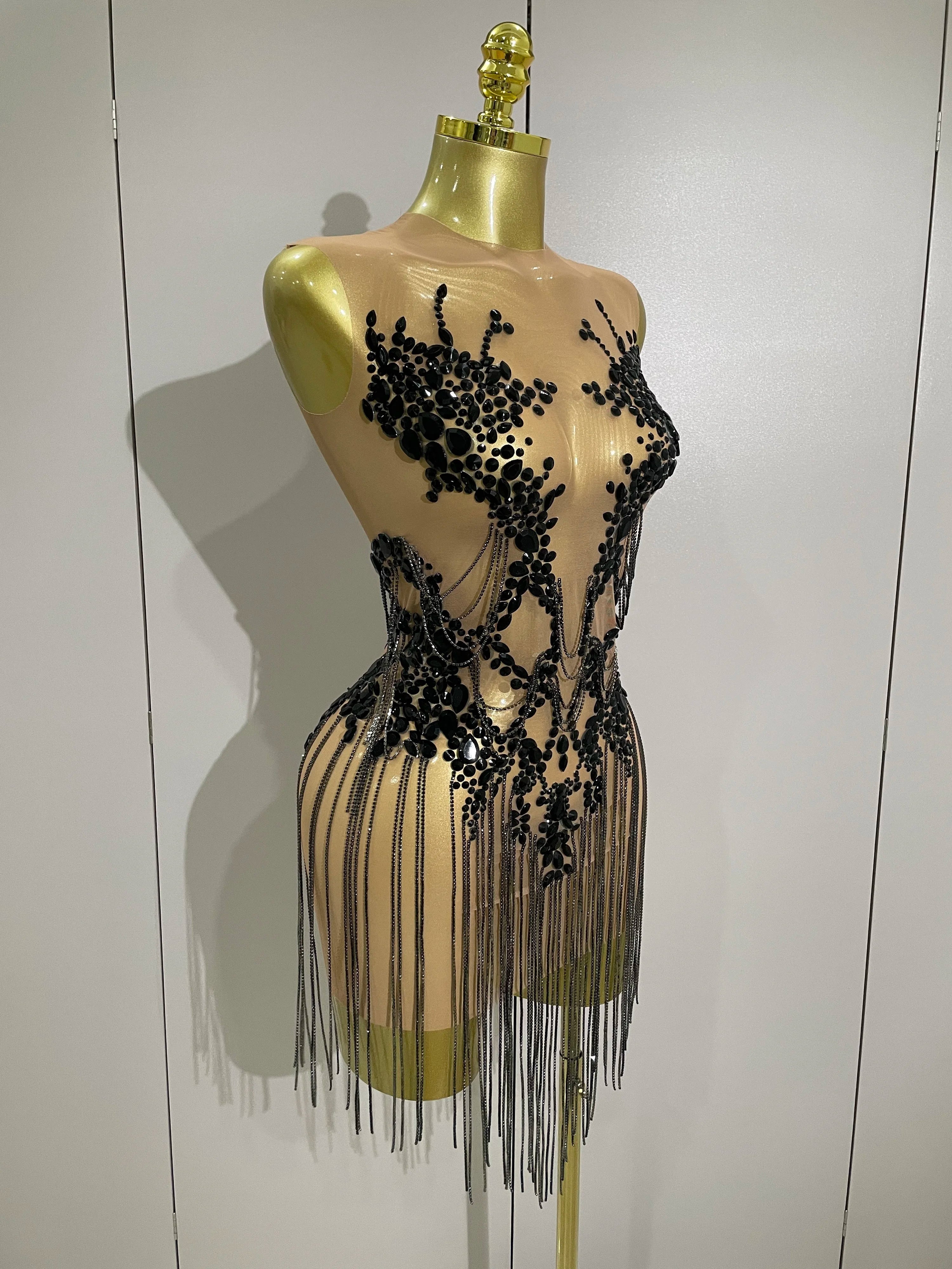 Luxury Sparkly Rhinestones Chain Sleeveless Mini Dress  Women Sexy Performance Dance Nightclub Outfit Birthday Party Dress