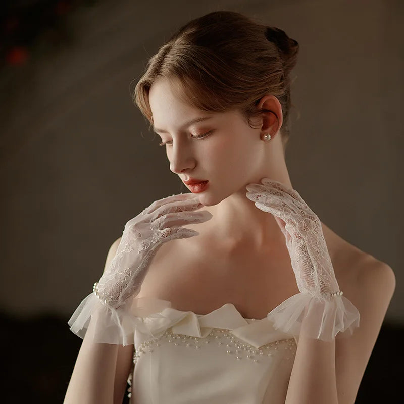 Lace Short Imitation Pearls Bridal Gloves Wristband Wedding Glove For Women Girl Party Evening Dress Jewelry Brides Accessories