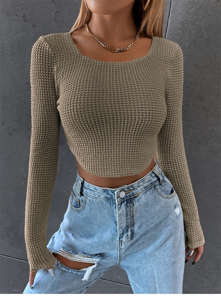 Long Sleeve Square Neck Knitted Crop Top Women Y2k T Shirts