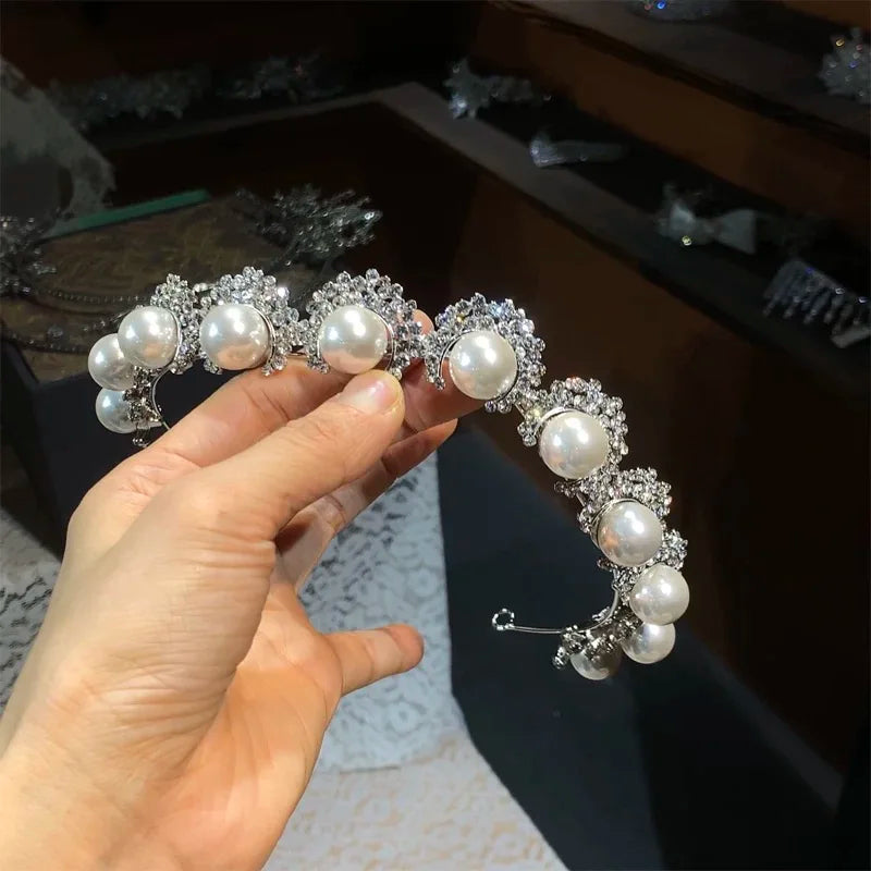 Bridal Hair Jewelry  Crystal Pearl Tiaras and Crowns Rhinestones Diadem For Bride Princess Queen Headband Wedding Accessories