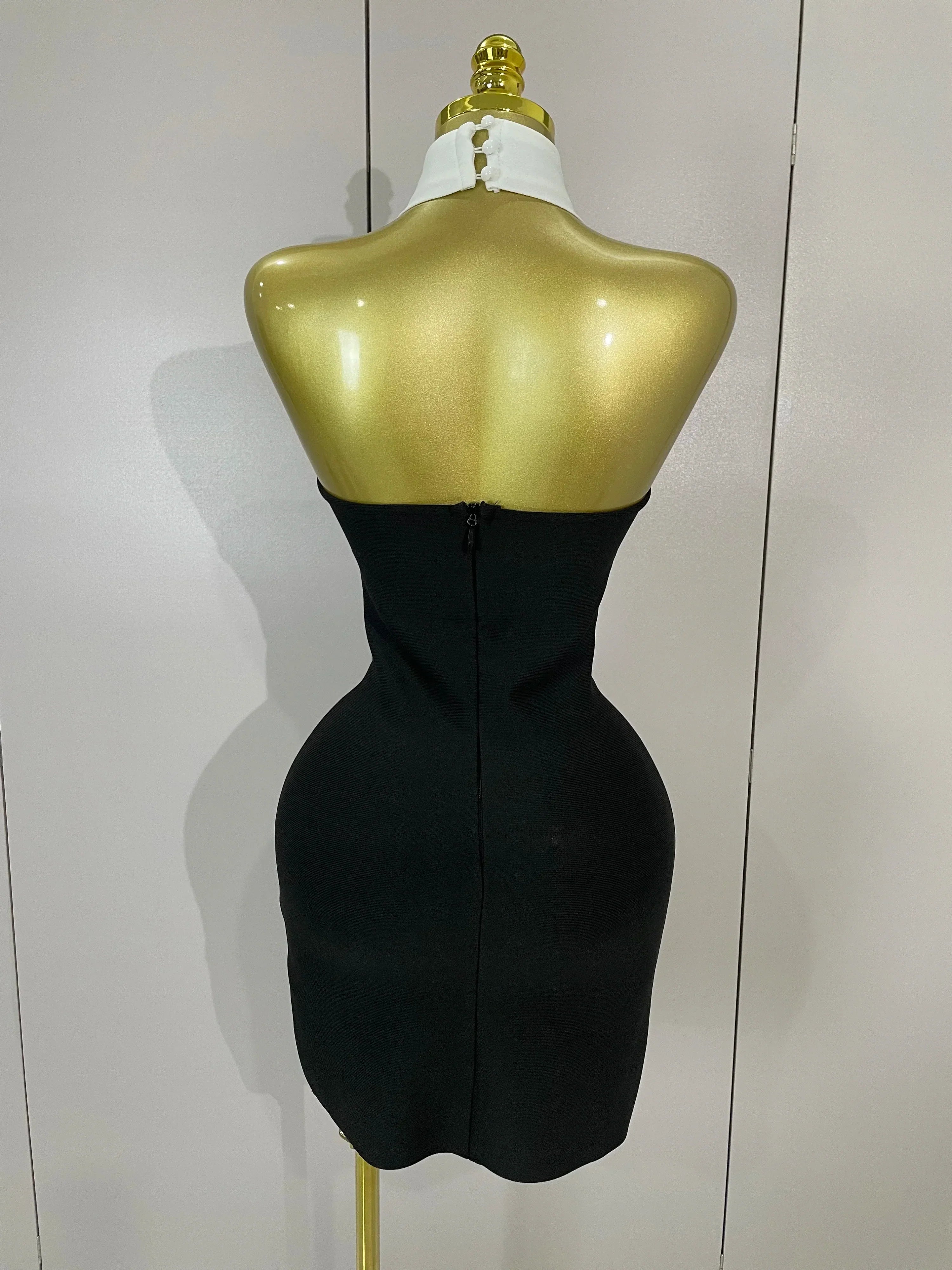 Sexy Backless White Shirt Collar Black Mini Bodycon Bandage Dress  Women Elegant Evening Club Party Luxury Birthday Dresses
