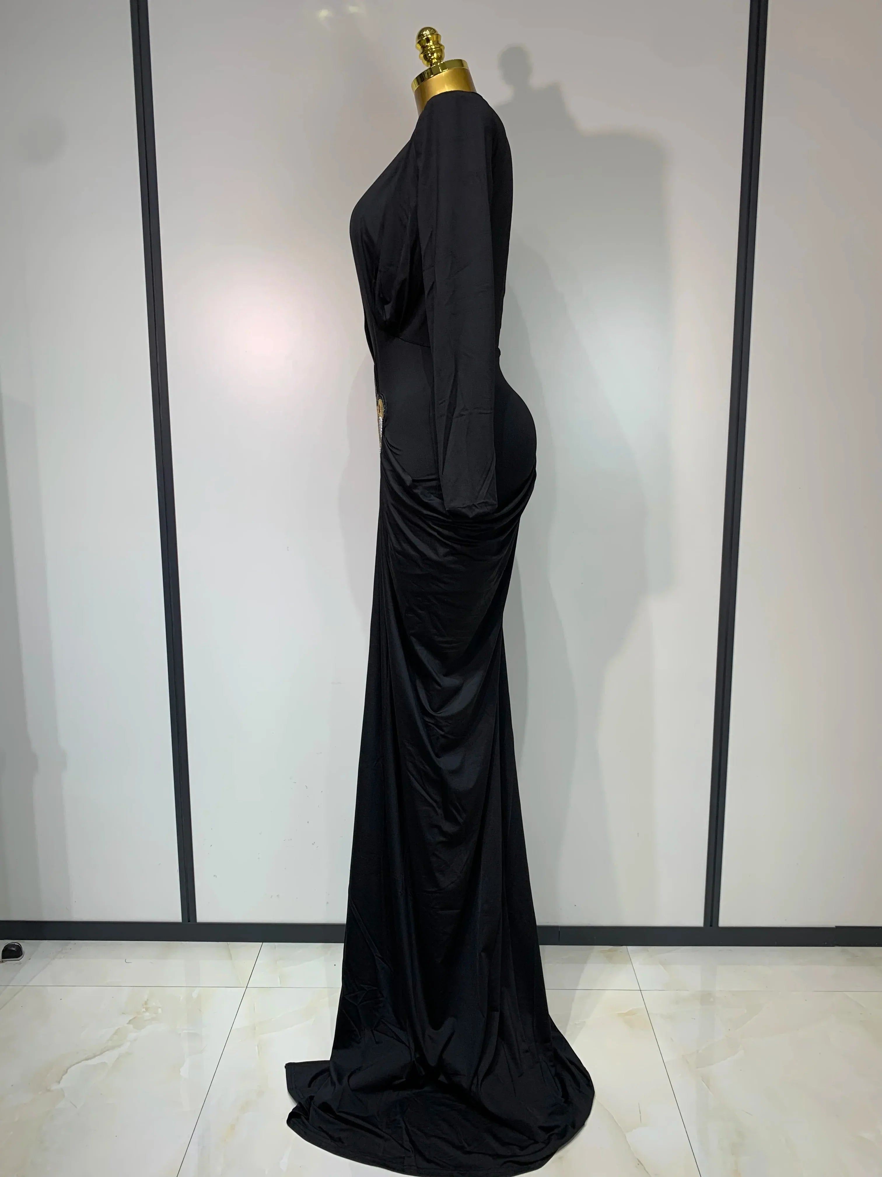 Women Sexy Deep V-Neck Bead Long Sleeved Bodycon Prom Gowns Elegant Celebrity Evening Maxi Dress Luxury Birthday Dress Wedding