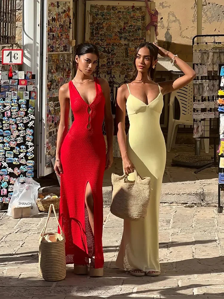 Women Sexy Crochet Knitted Dress Fashion Hollow Out Solid V neck Sleeveless Splited Bodycon Robe Female Chic Beach Vestidos