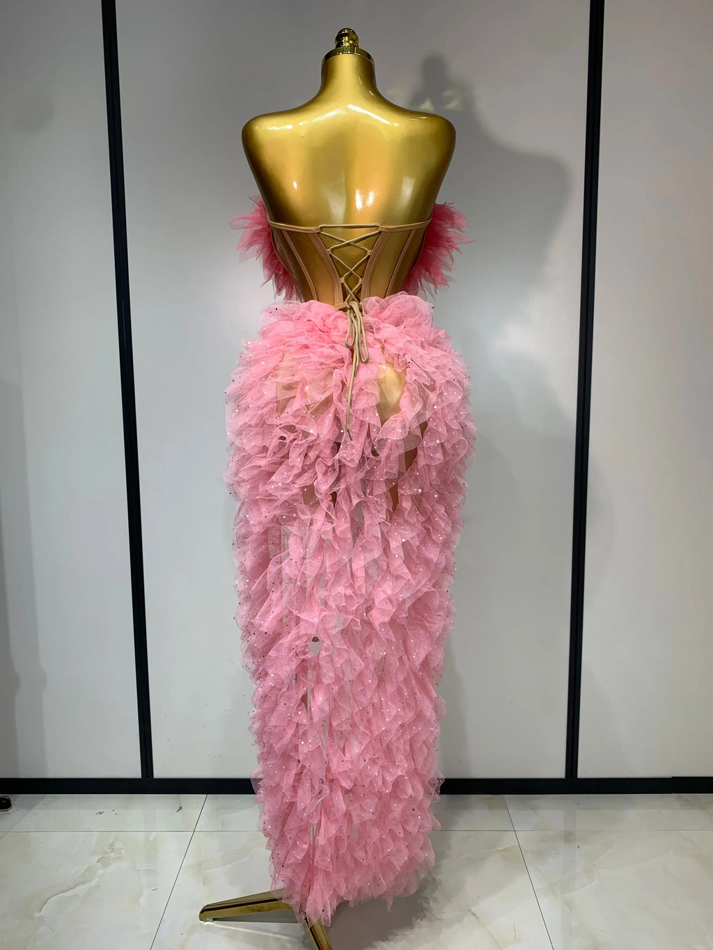 Women Sexy Strapless Ruffles two Pieces Set Bodycon Long Dress High Split Fashion Nightclub Party Birthday  Singer Stage Outfit