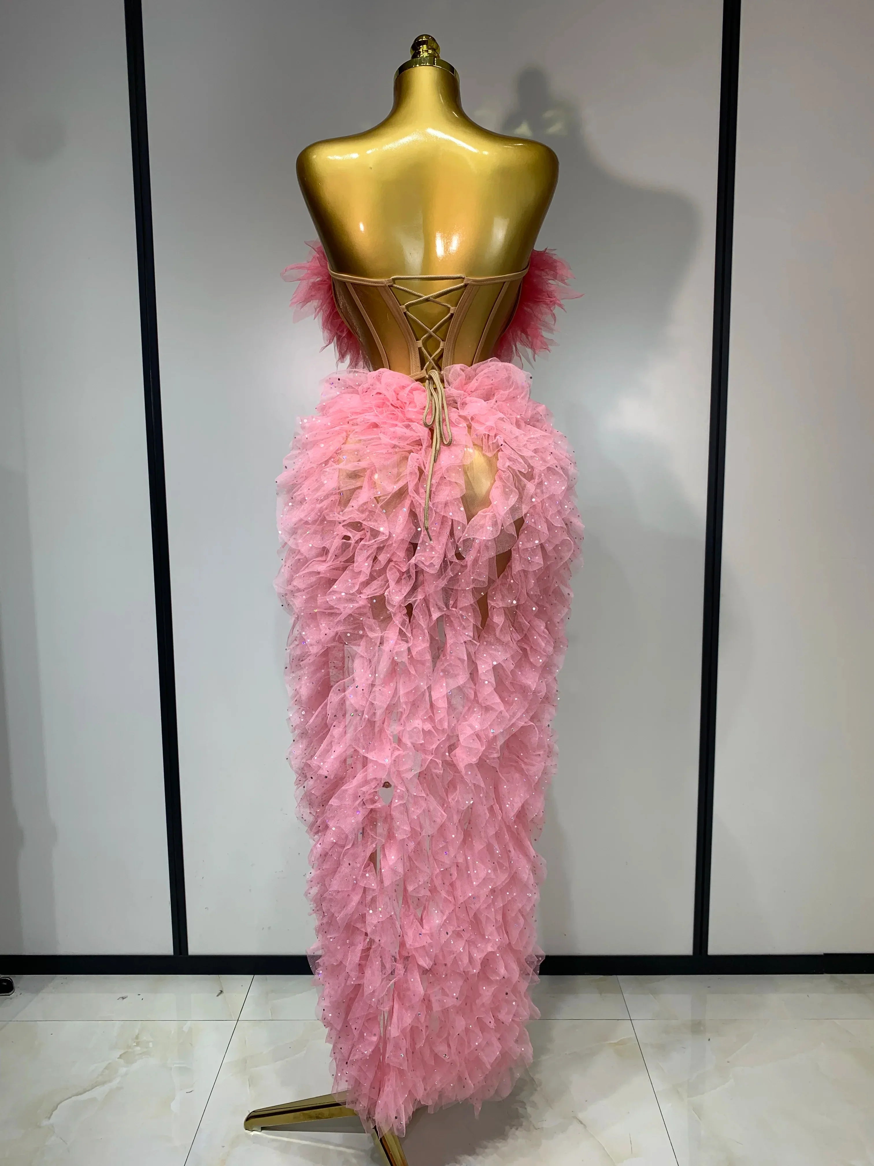 Women Sexy Strapless Ruffles two Pieces Set Bodycon Long Dress High Split Fashion Nightclub Party Birthday  Singer Stage Outfit