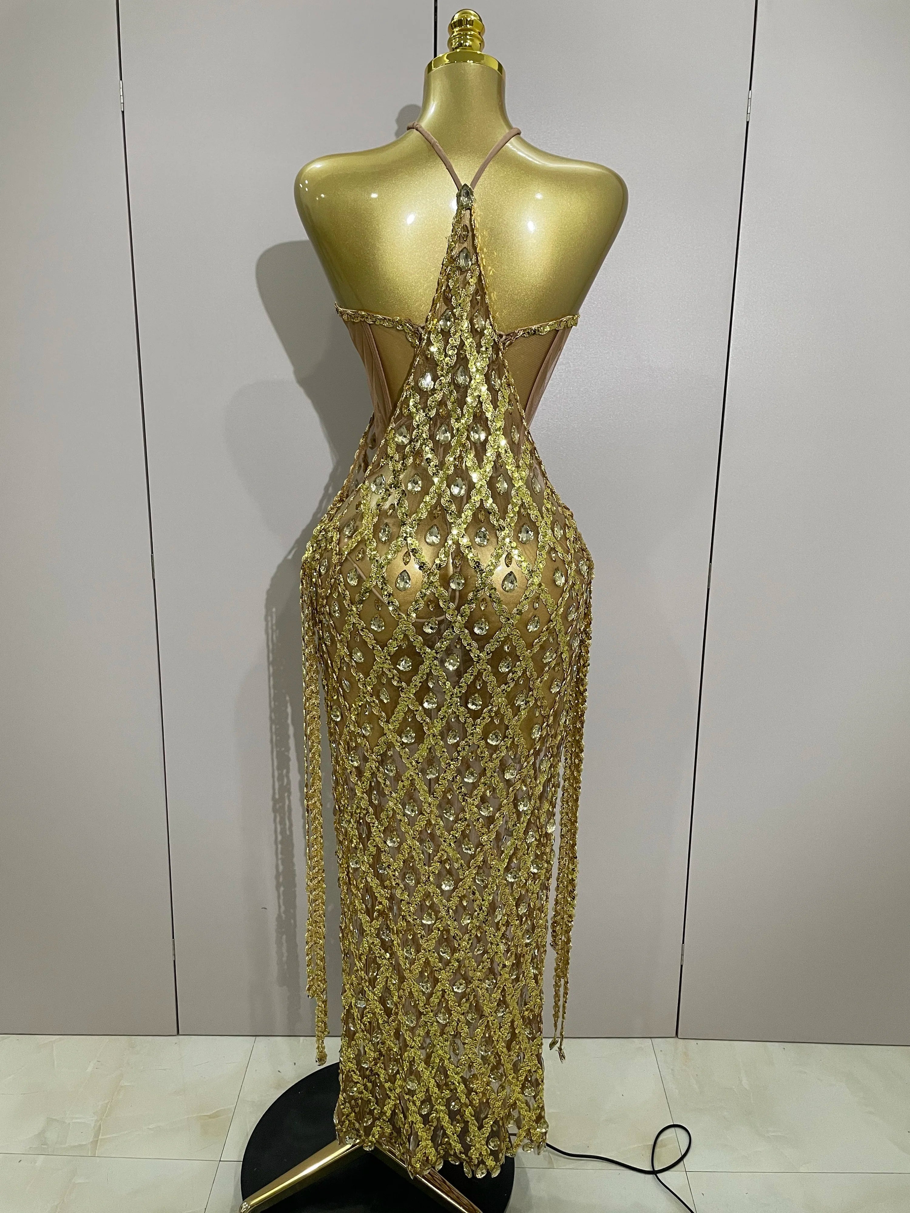 Sexy Sparkly Gold Rhinestones Sleeveless Mesh Two Piece Long Dress  Women Birthday Party Celebrate Prom Stage Costume