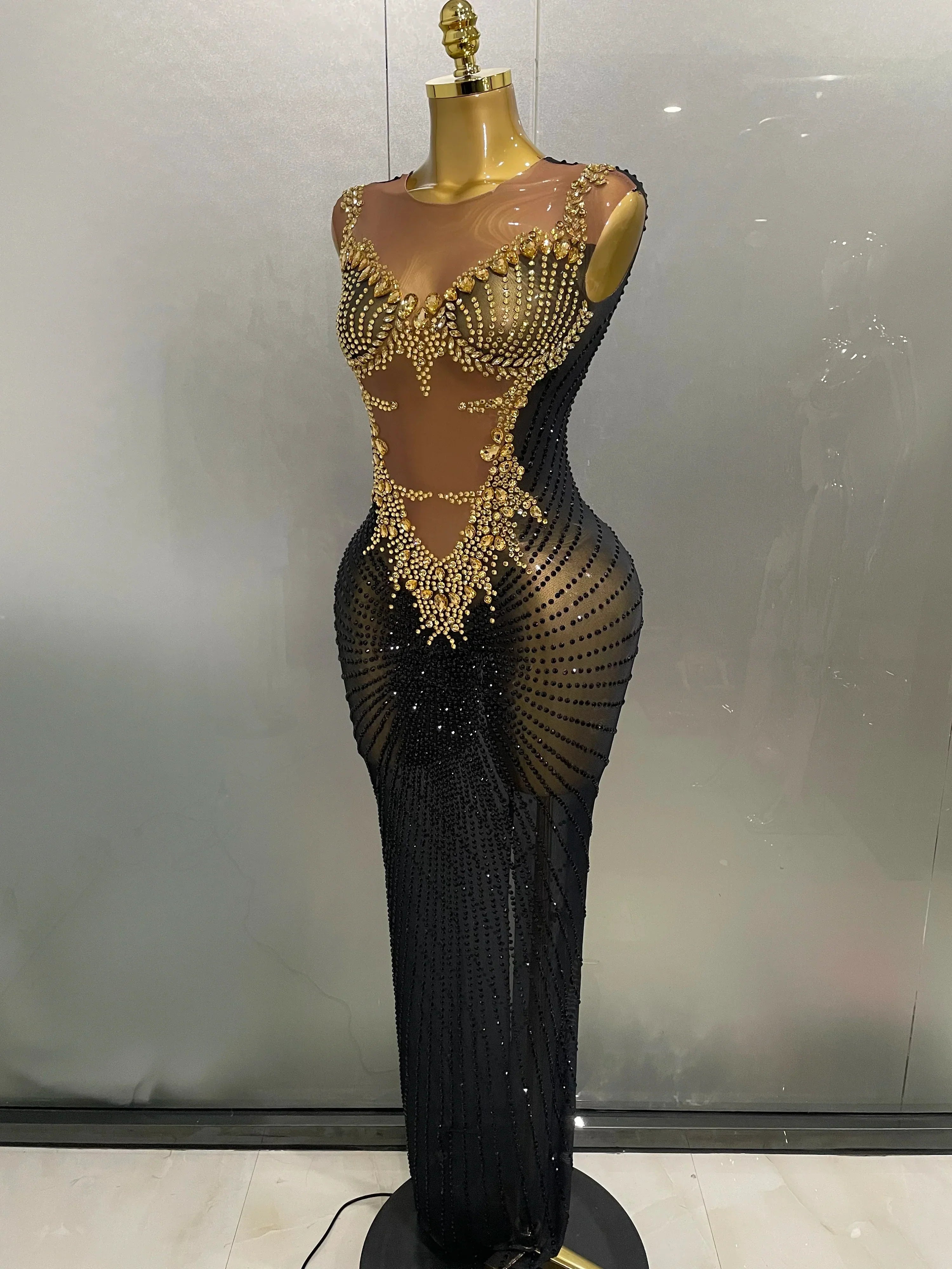 Sexy Sparkly Rhinestones Sleeveless Long Dress  Women Birthday Celebrate Evening Photo Shoot Stage Performance Costume
