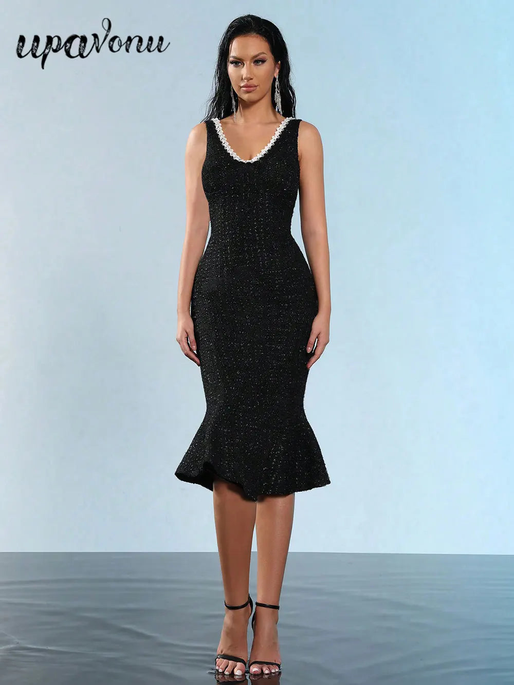 Elegant Women's Nail Bead Design Fishtail Dress V-neck Sleeveless Bodycon Flute Dresses Cocktail Evening Party Vestidos