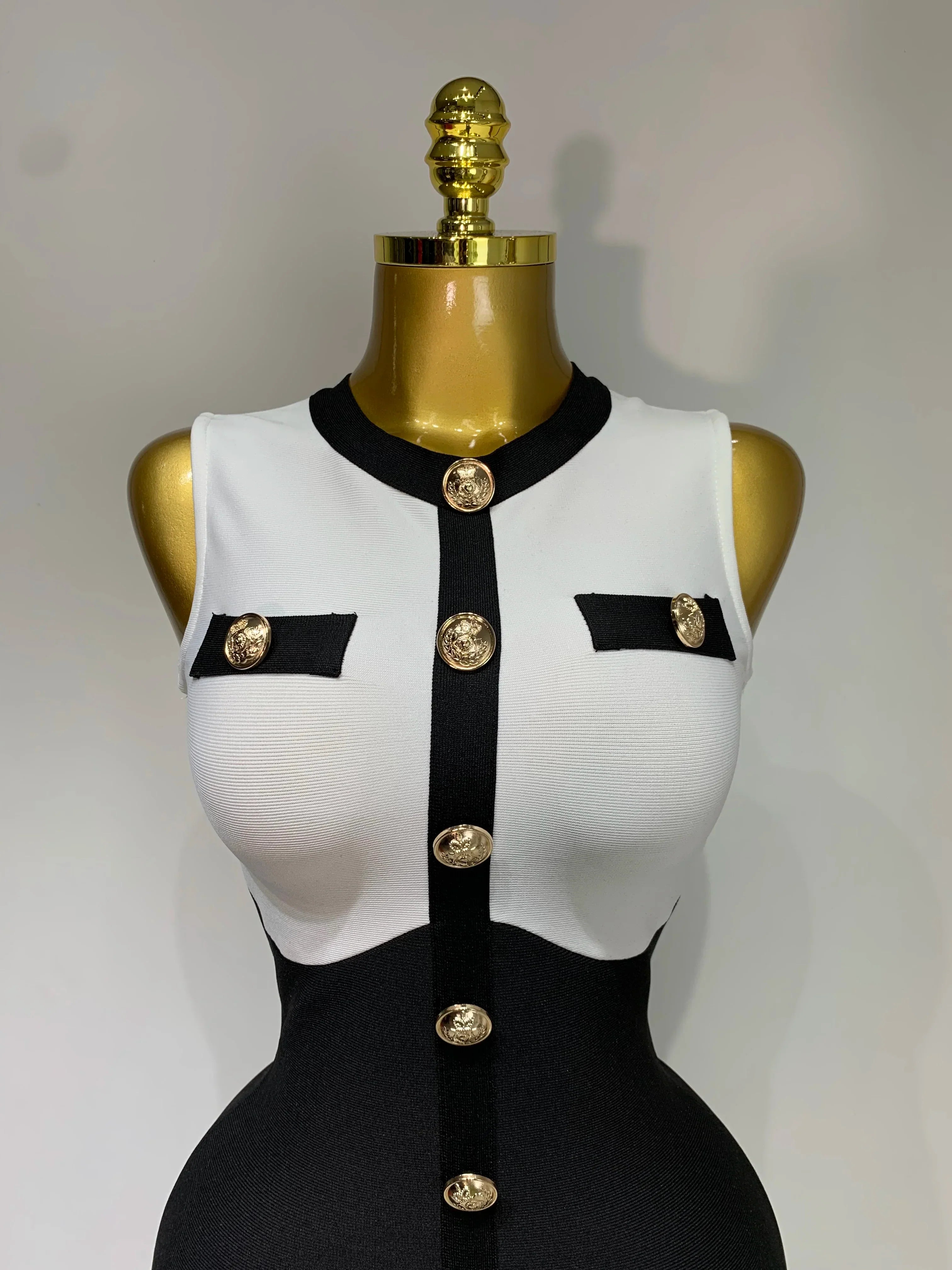Fashionable Women Bandage Golden Buttons White Black Patchwork Sleeveless Bodycon Elegant Party Dresses