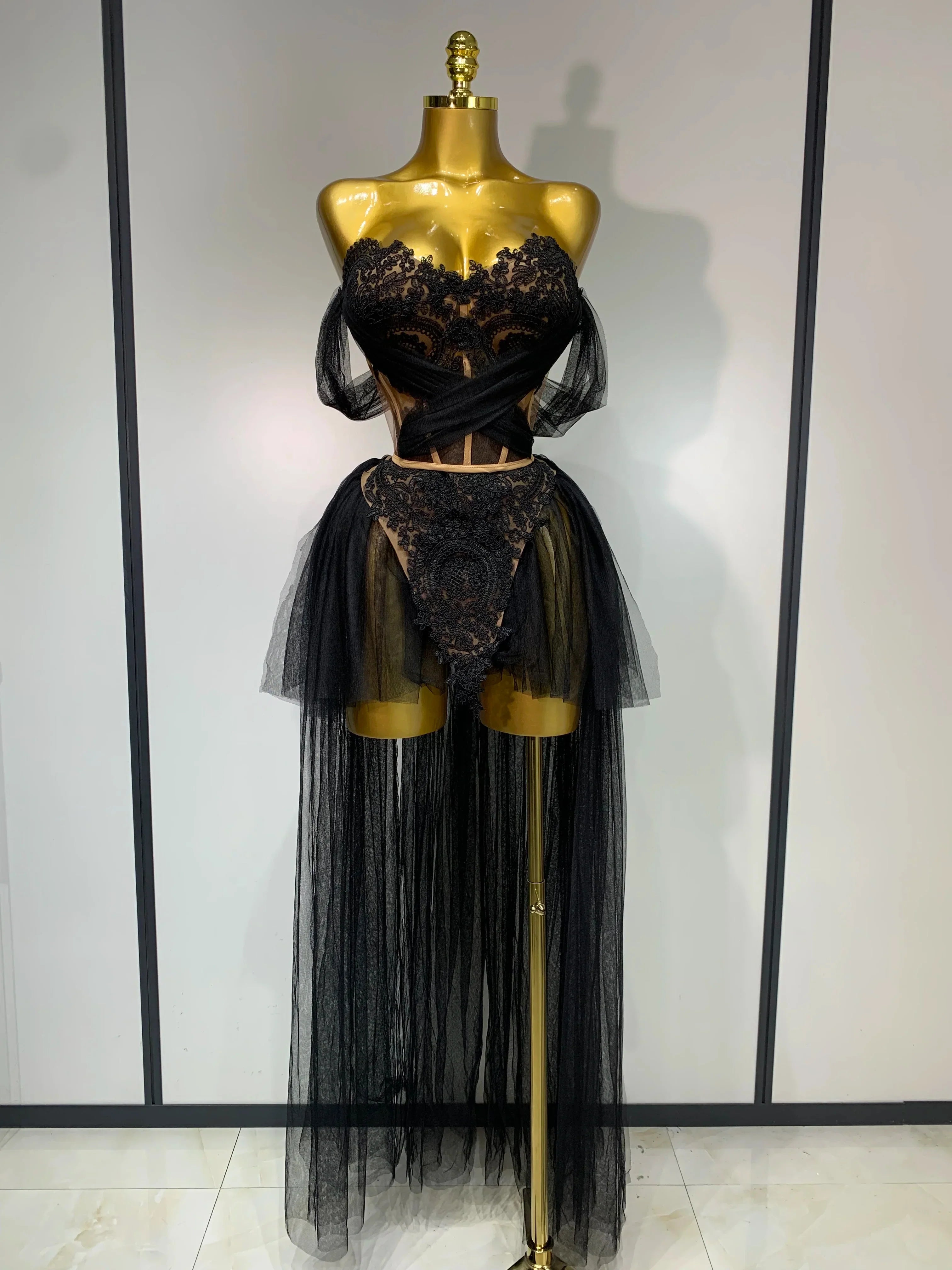 Sexy Backless Mesh Top Skirt Two Pieces Set Celebrate Festival Performance Costume Luxury Birthday Evening Party Design Dress black