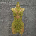 Women Sleeveless Sexy Off the Shoulder Shinning Crystal Bodycon Mini Dress Mesh See Through Celebrate Nightclub Party Stage Wear Yellow