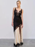 Sling VNeck Colorblock Backless Long Lace Dress