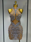 Luxury Rhinestones Mesh Transparent Prom Mini Dress Shinny Women Birthday Celebrate Party Prom Nightclub Outfit Stage Costume Silver