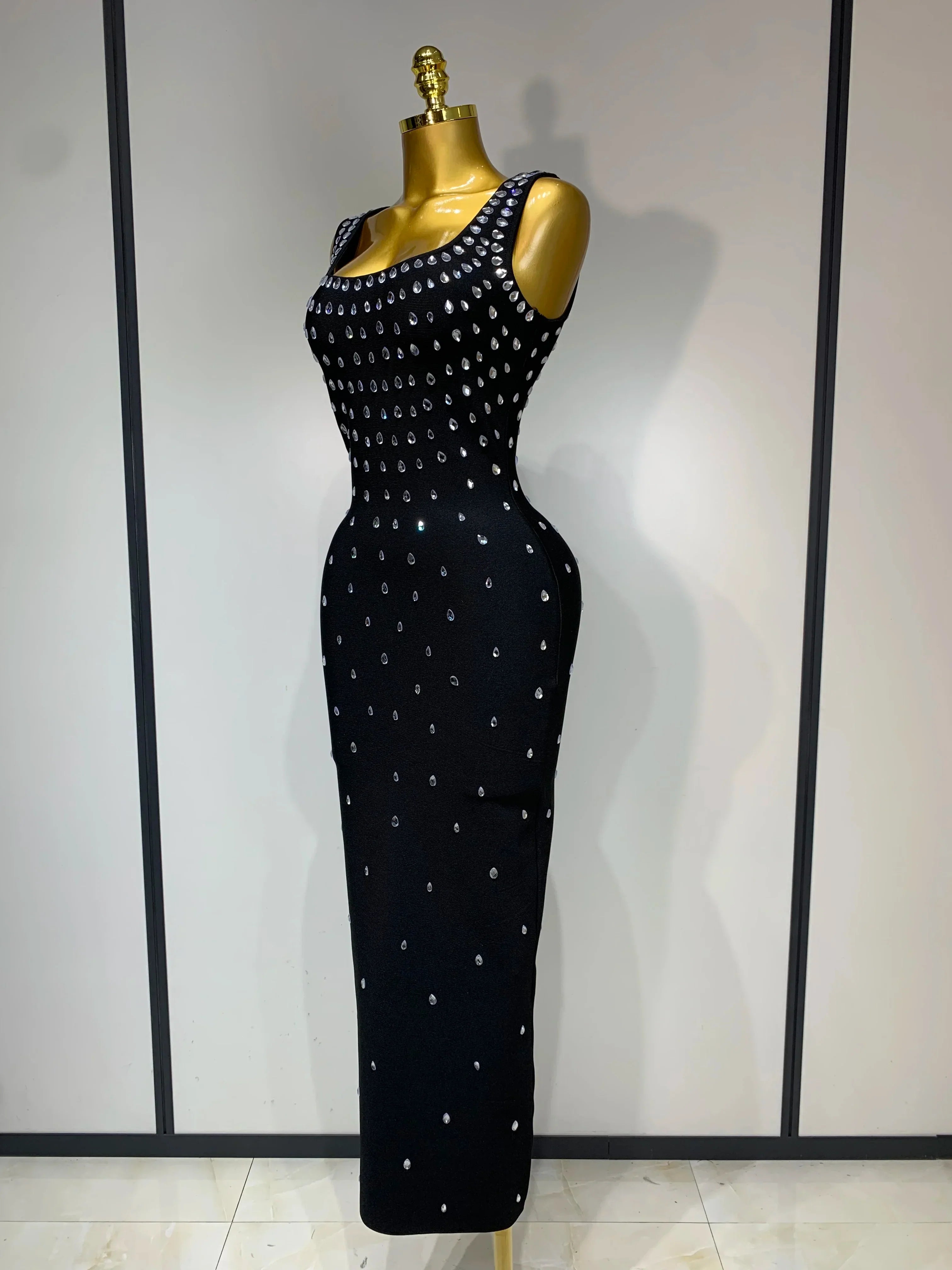 Luxury Rhinestone Bandage Long Dress Elastic Sleeveless Bodycon High Street Evening Club Party Elegant Birthday Prom Gowns