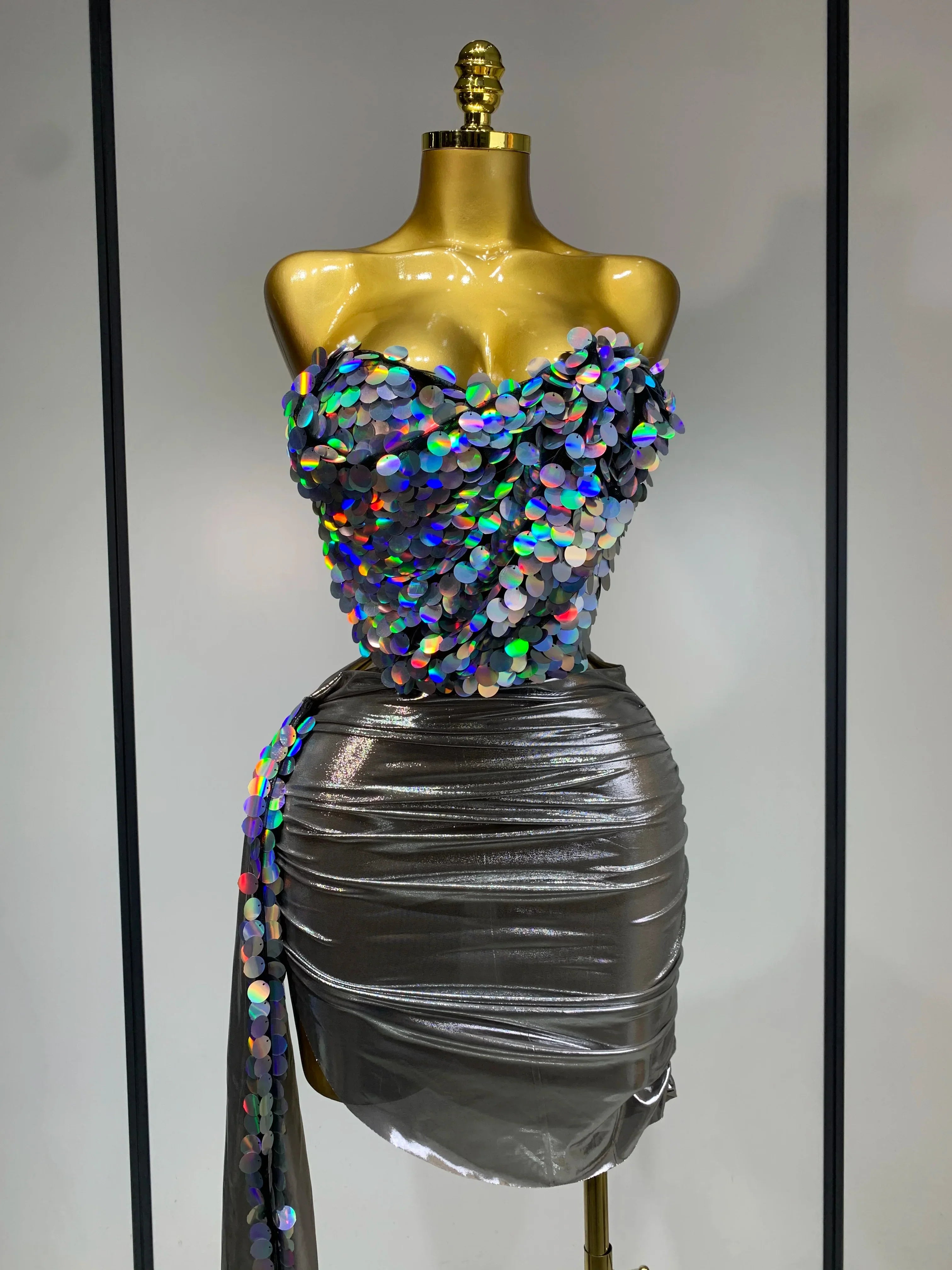 Sparkly Sequin Two Piece Set Sexy Strapless Backless Women's Outfit Evening Party Nightclub Stage Performance Dance Costume Silver