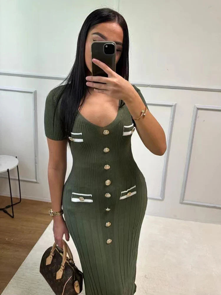 VNeck Knitted Short Sleeve Button Work Dress