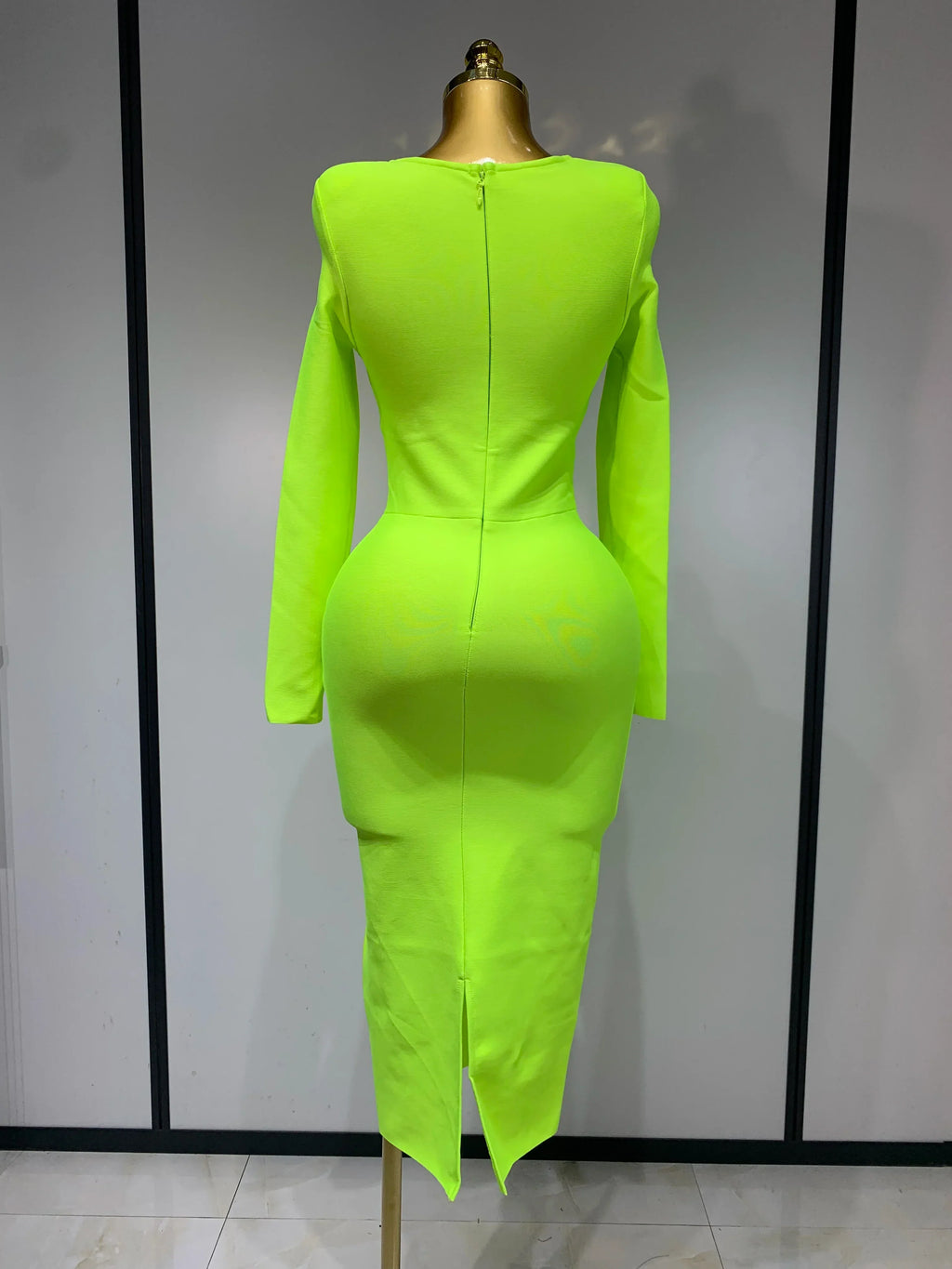 Women Sexy Long Sleeve Square Collar Fluorescent Green Midi Bodycon Bandage Dress  Elegant Evening Birthday Party Dresses