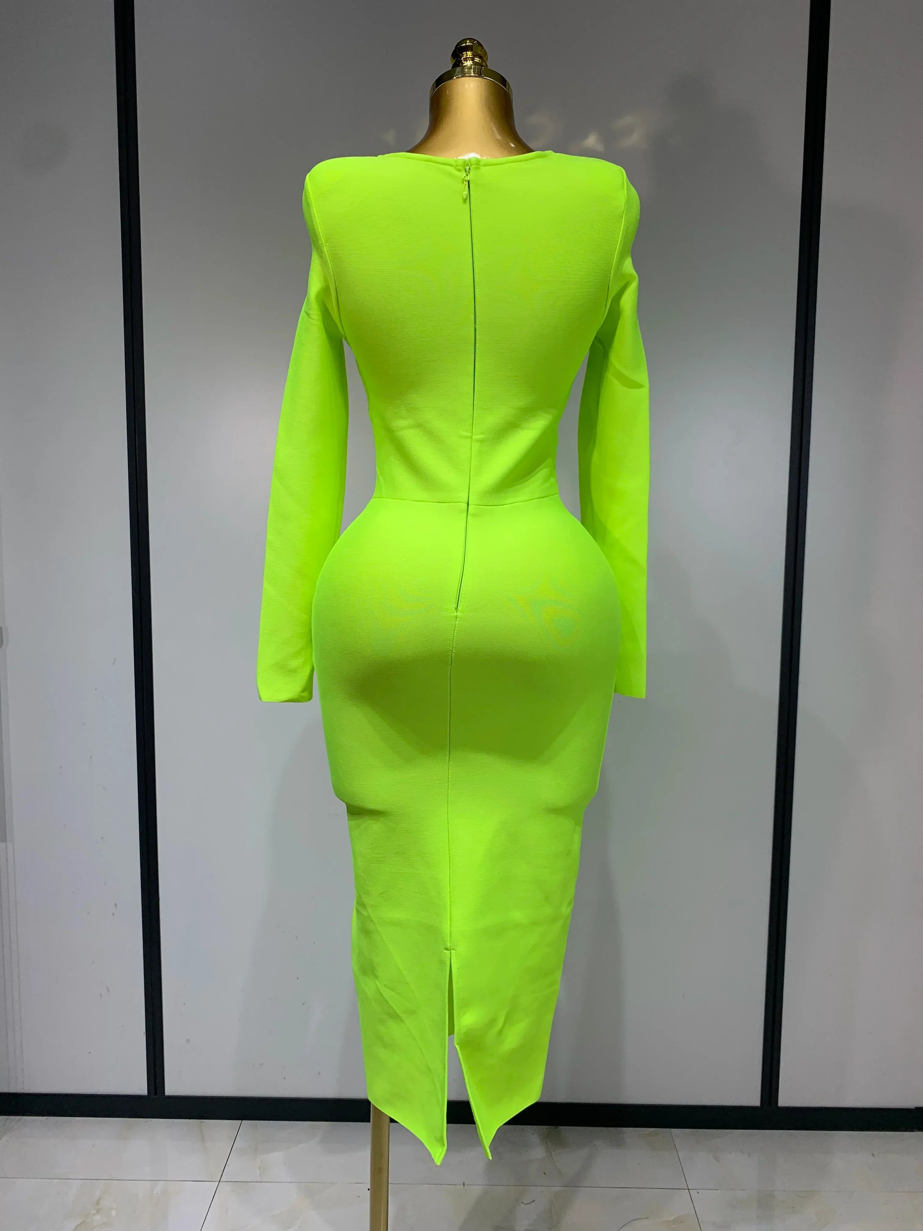 Women Sexy Long Sleeve Square Collar Fluorescent Green Midi Bodycon Bandage Dress  Elegant Evening Birthday Party Dresses