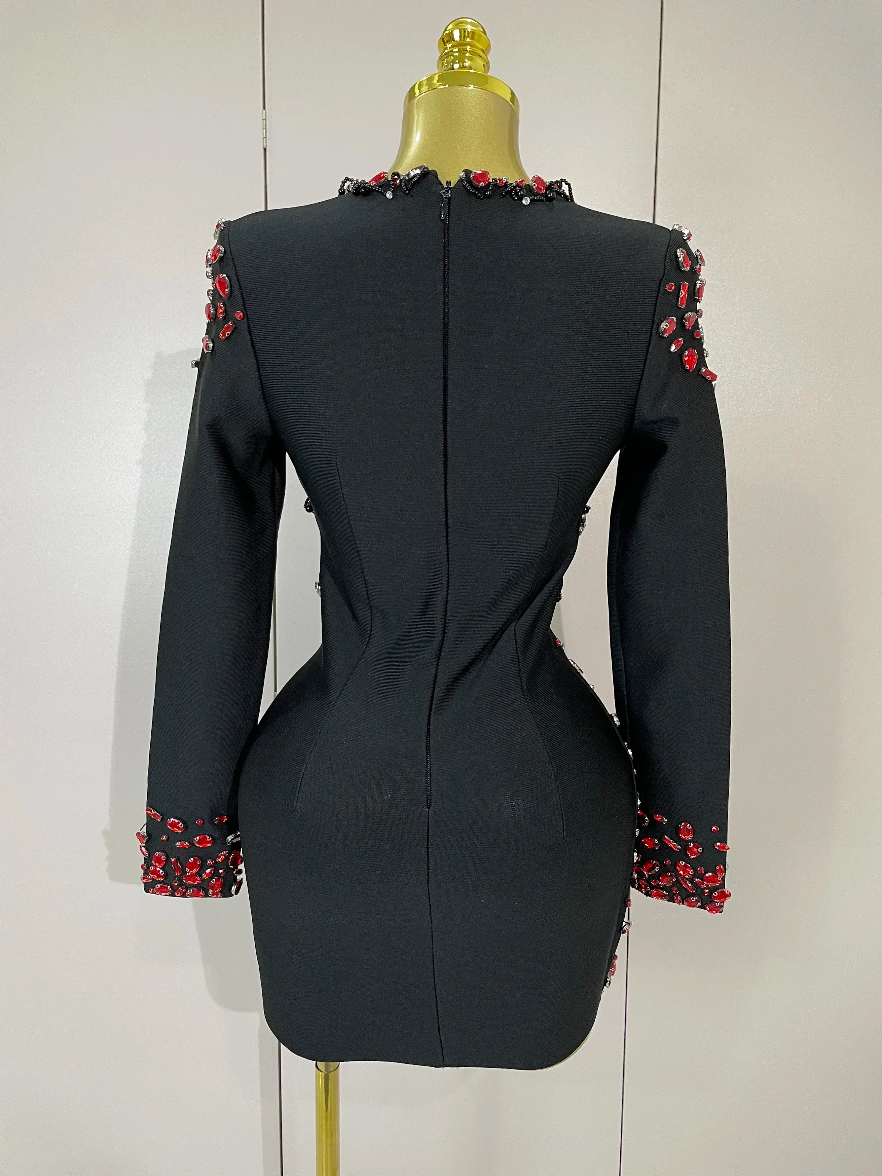 Women Celebrity Sexy Long Sleeve V Neck Rhinestone Black Bandage Dress  Elegant Evening Club Luxury Birthday Party Dresses