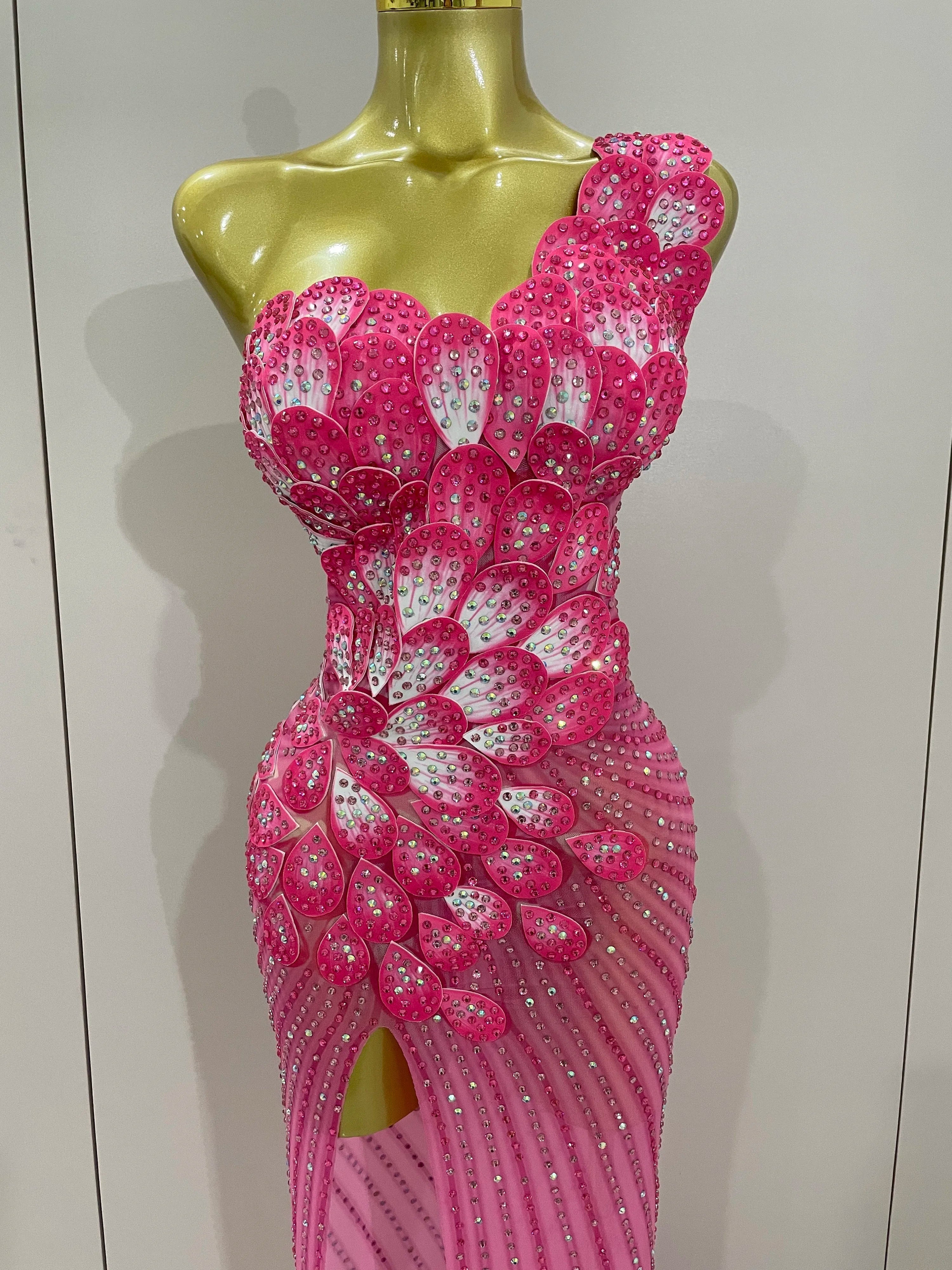 Luxury Shinning Rhinestones Flowers Sexy One Shoulder Bodycon Maxi Long Dress  Women Evening Birthday Party Stage Costume