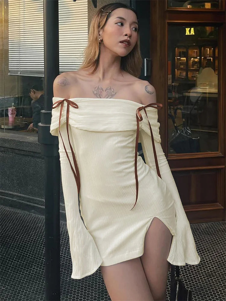Backless Lace Up Slim MIni Dress Women's Elegant Ribbed Long Sleeve Off Shoulder Summer 2024 Dress Female Party Dress