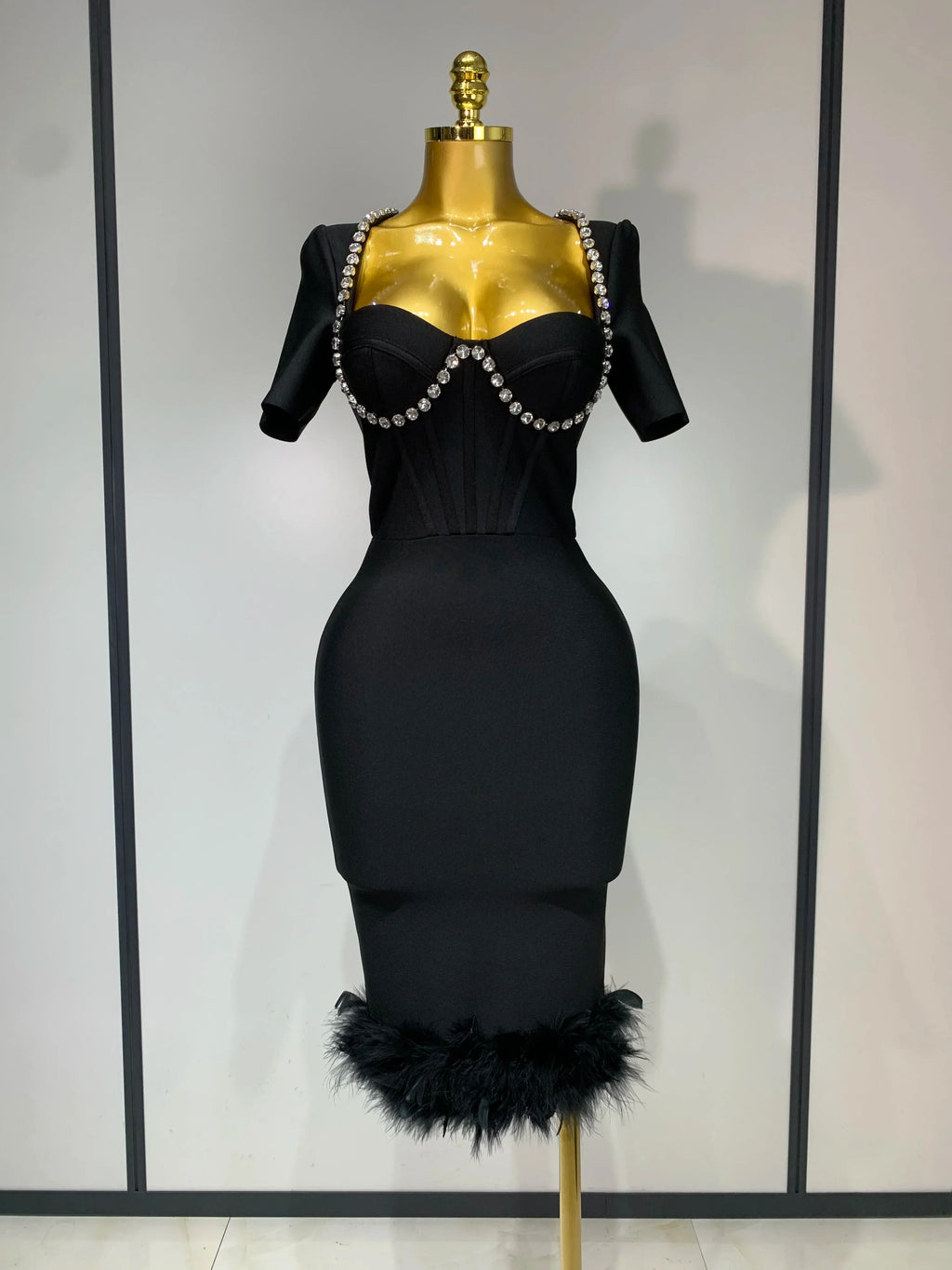 Women Sexy Luxury Rhinestone Short Sleeve Bodycon Dress Party Evening Celebrate Birthday Black Bandage Club Prom Gown black