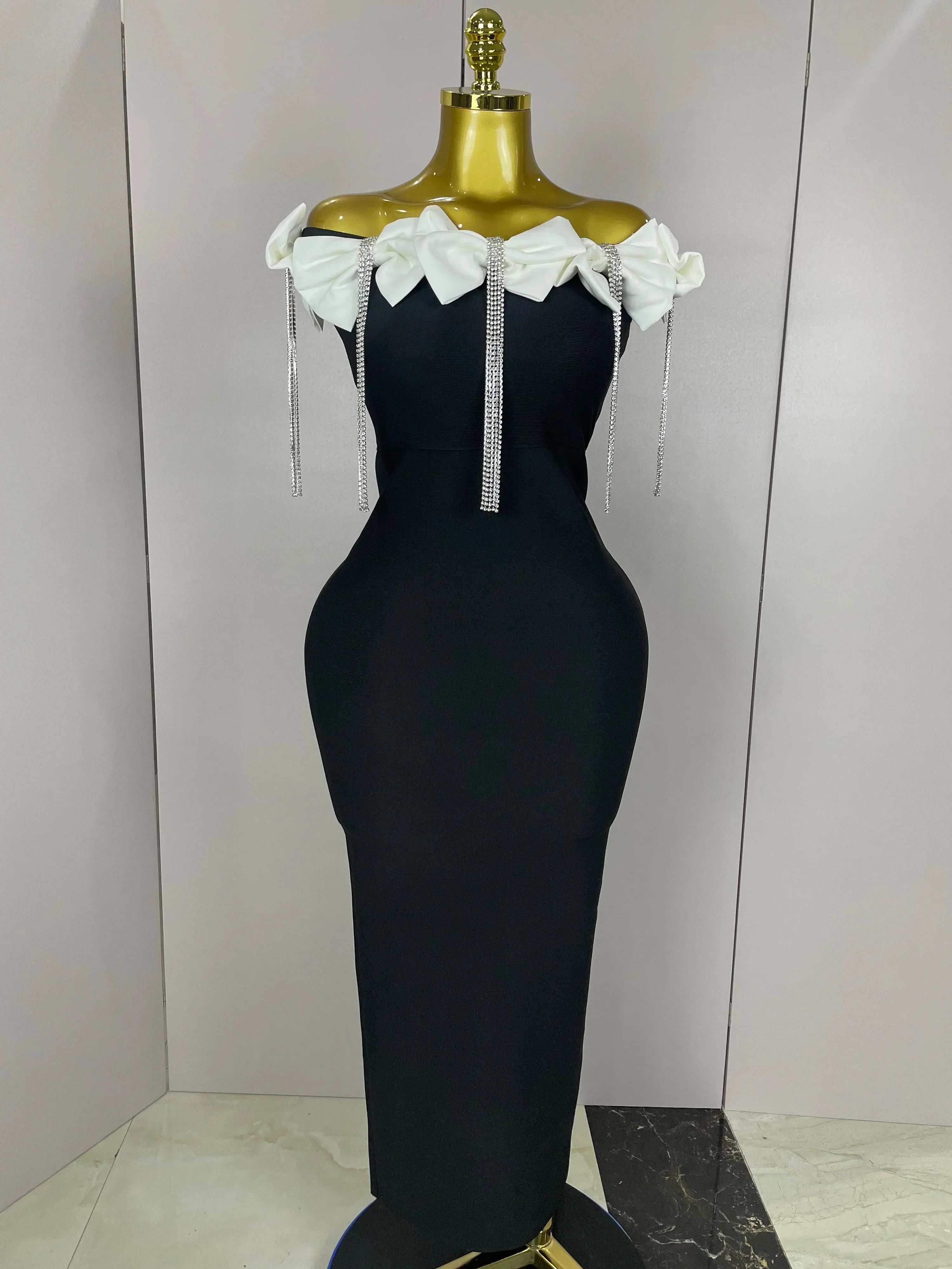 Women Celebrity Sexy Off Shoulder Flower Diamonds Black Bow Tie Maxi Long XL Bandage Dress Elegant Evening Club Party Dress WHITE