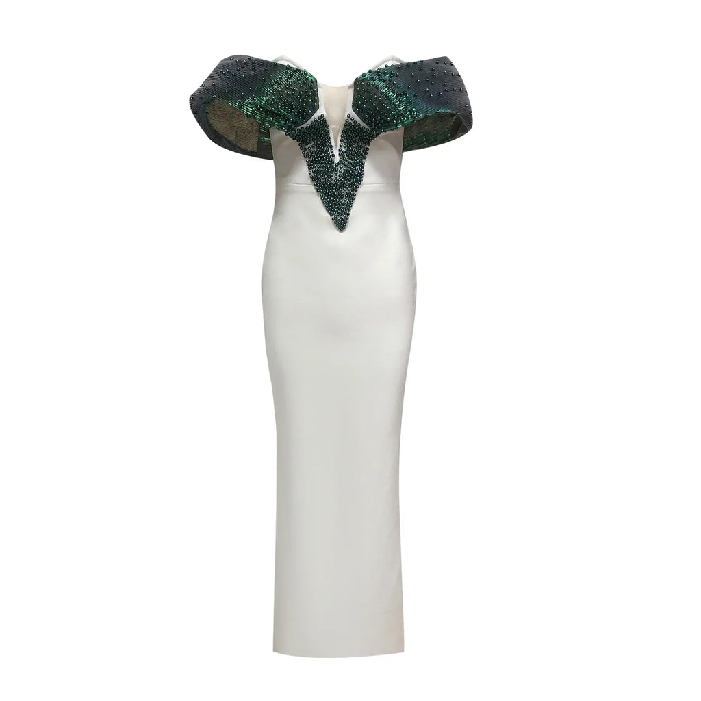 Ladies Women Celebrity Sexy Off Shoulder Pearl White Bodycon Maxi Long Bandage Dress Elegant Evening Club Party Outfit