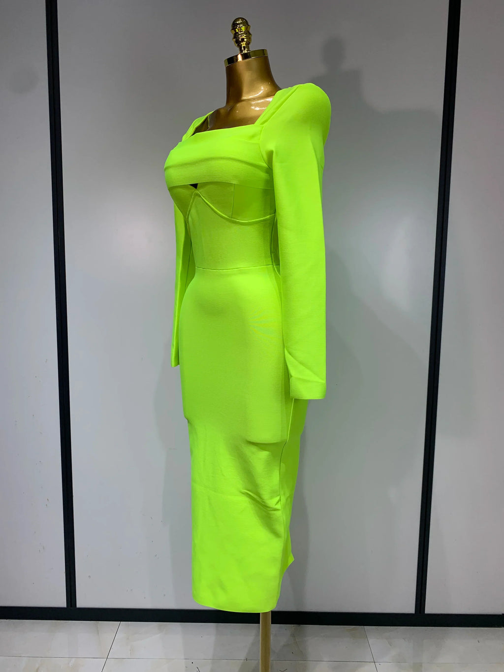 Women Sexy Long Sleeve Square Collar Fluorescent Green Midi Bodycon Bandage Dress  Elegant Evening Birthday Party Dresses