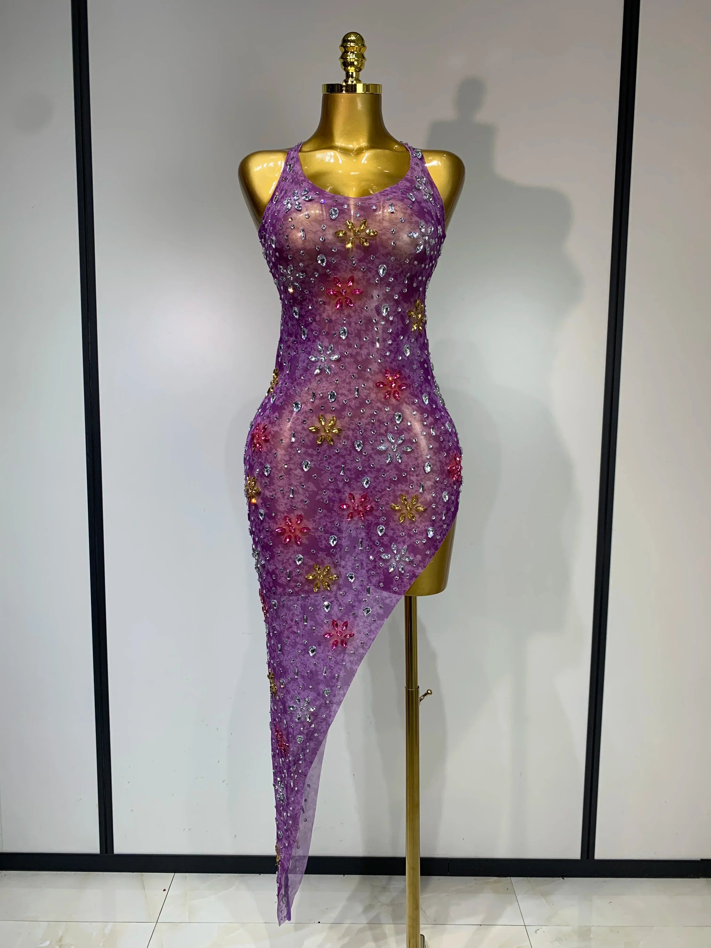 Women Sexy Mesh See Through Stretch Sparkly Rhinestone Performance Costume Stage Dancer Nightclub Party Luxury Birthday Dress PURPLE