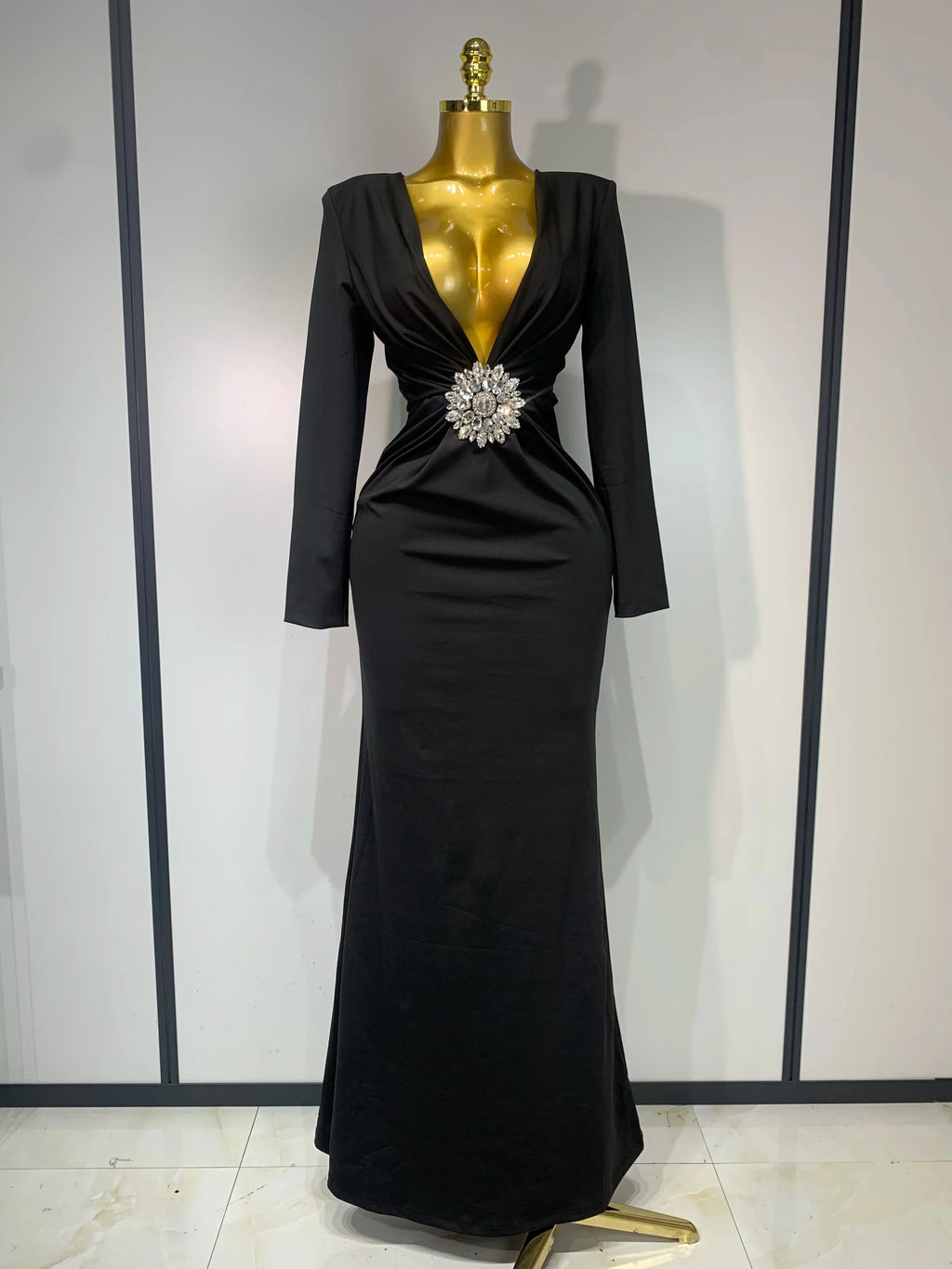 Women Sexy Deep V Neck Long Sleeves Maxi Dresses Celebrity Elegant Evening Party Luxury Birthday Wedding Guest Cocktail Gowns black