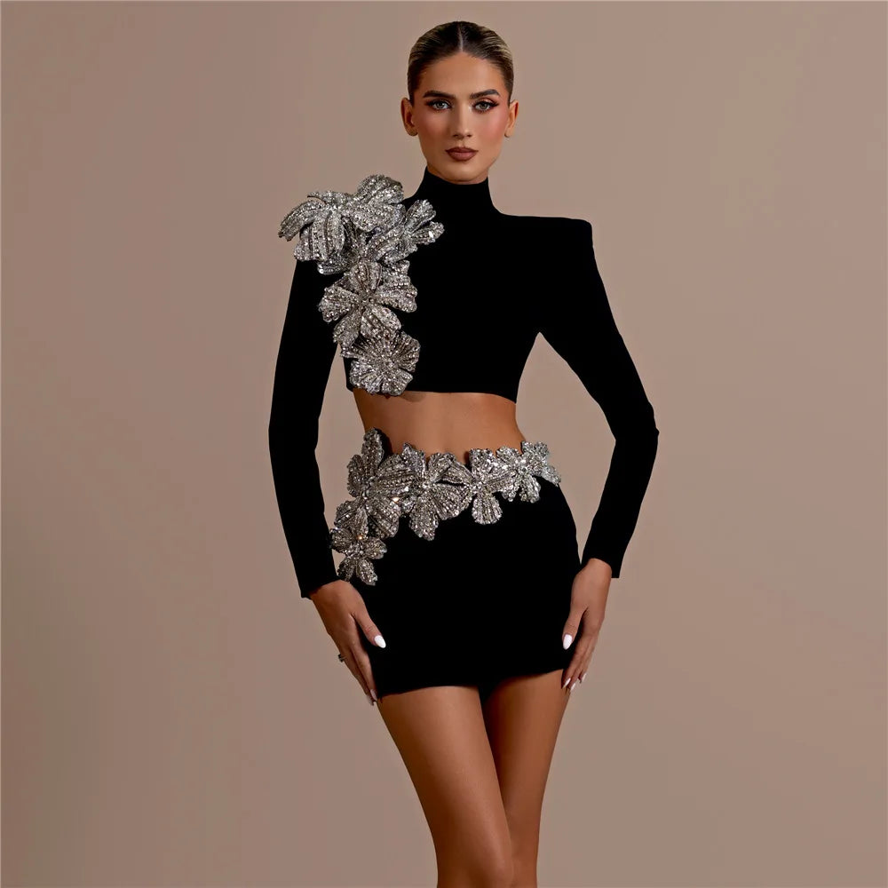 Women Long Sleeve Diamond Florals Bodycon 2 Pieces Mini Bandage Dress Celebrate Nightclub Party Birthday Dress