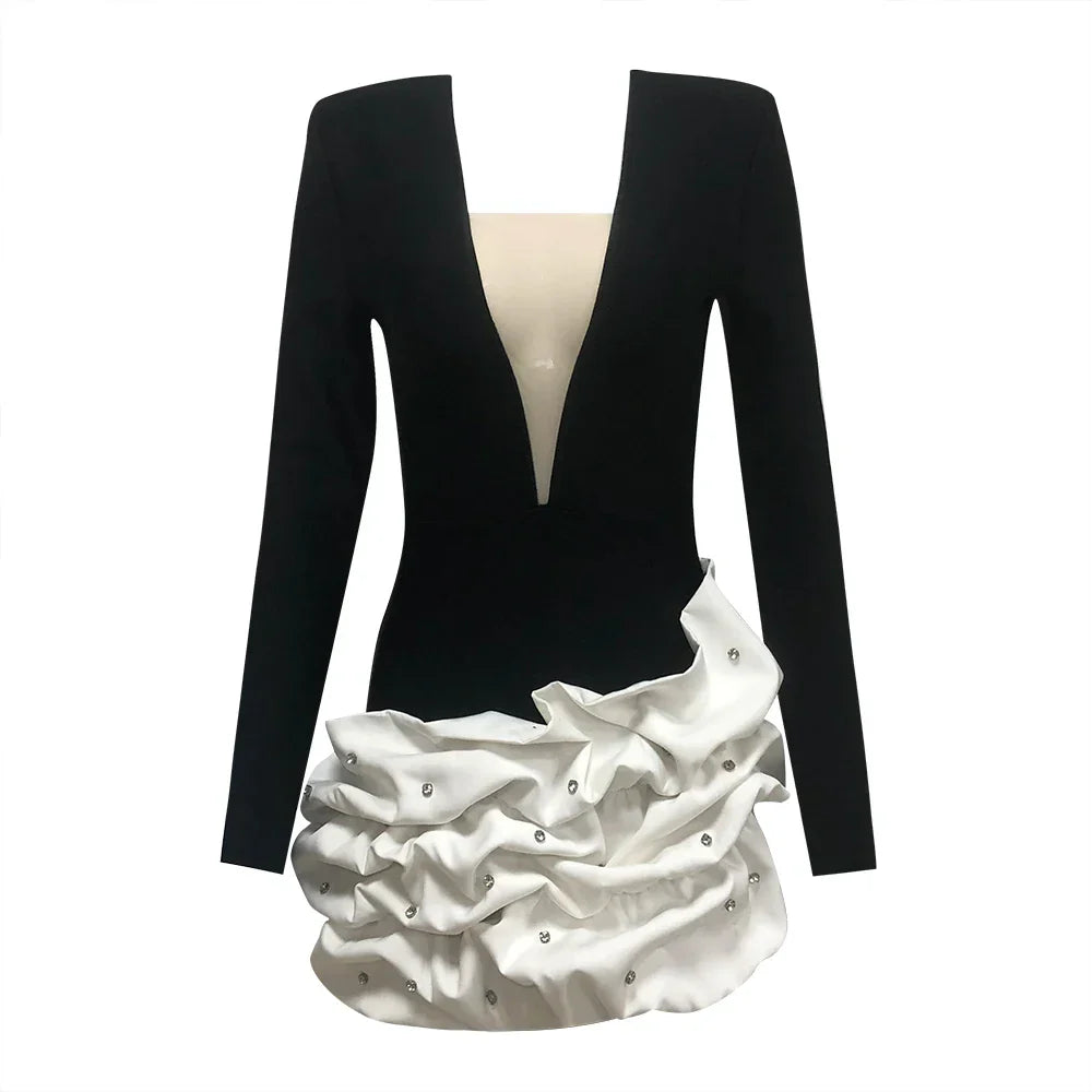 Black Color Women Long Sleeve Sexy V-Neck Bodycon Mini Bandage Dress Celebrate Evening Party Birthday Dress black