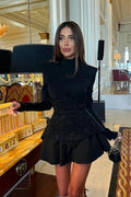 Black Red Women Long Sleeve Shinning Rhinestones A-Line Mini Dress Christmas Nightclub Party Celebrate Dress black