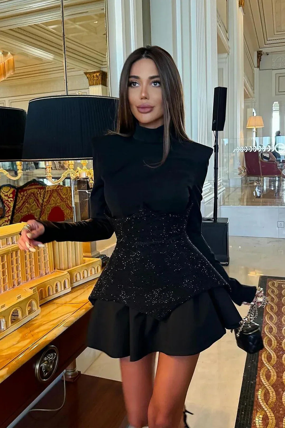 Black Red Women Long Sleeve Shinning Rhinestones A-Line Mini Dress Christmas Nightclub Party Celebrate Dress black