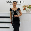 Shinning Crystal Women Sexy Short Sleeve V-Neck Bodycon Bandage Long Dress Elegant Evening Party Celebrate Outfit black