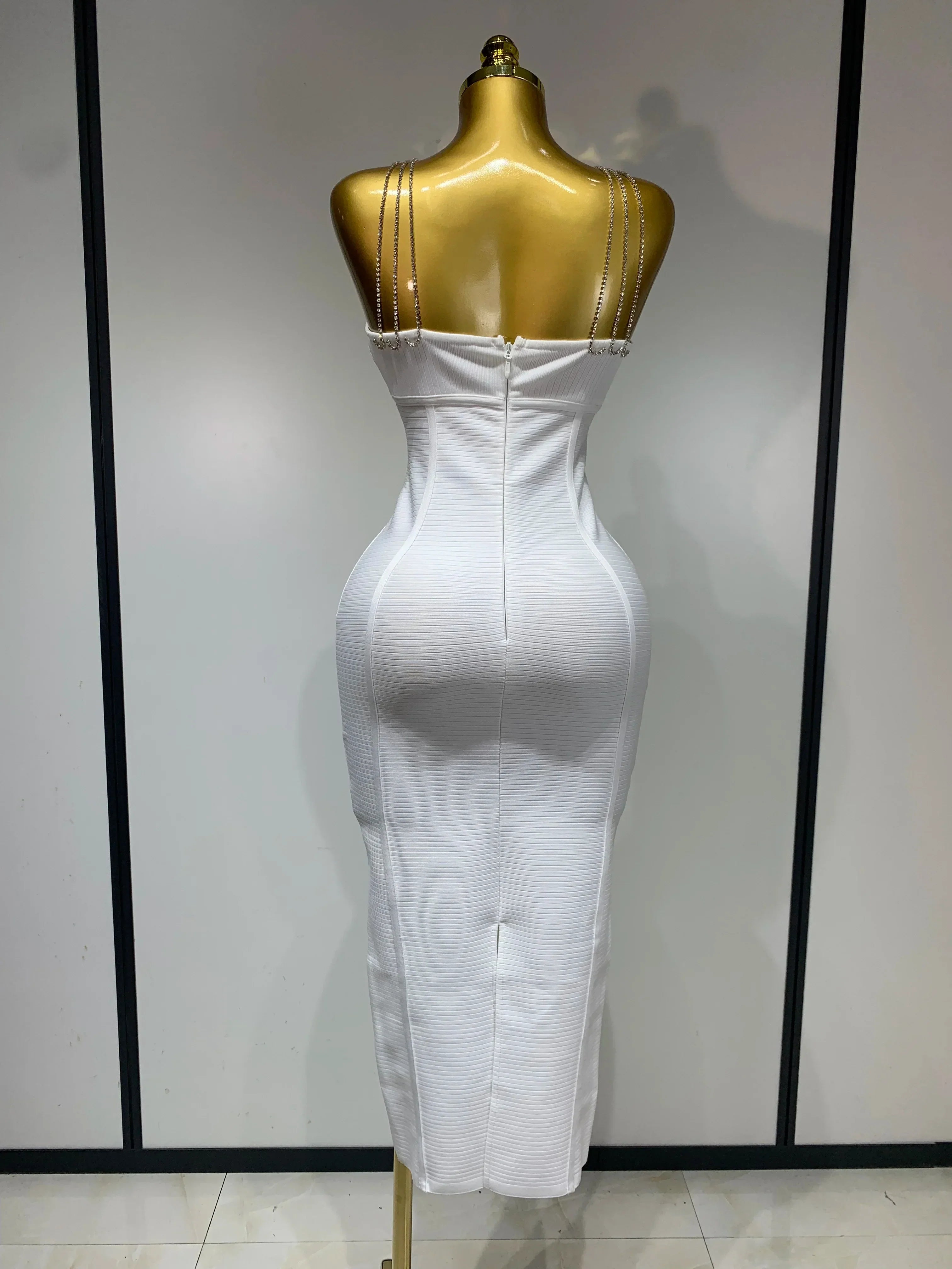 Sexy Sling Backless Crystal Diamonds Chain Bodycon Bandage Dress  White Elegant Evening Club Luxury Birthday Party Dresses