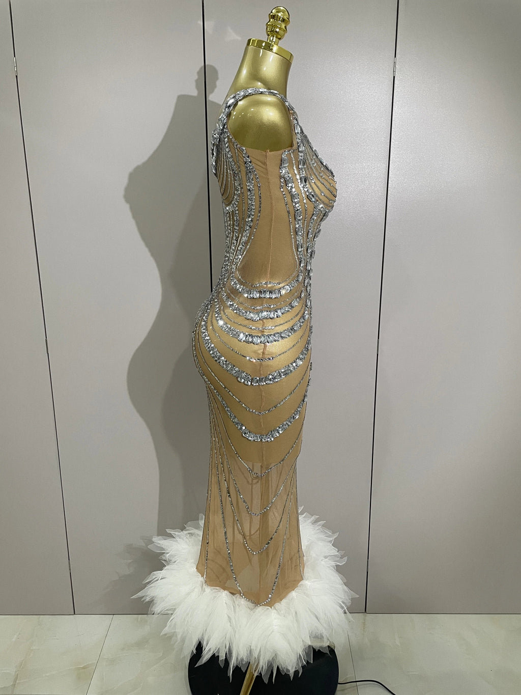 Luxury Sexy Silver Rhinestone Mesh See Through Long Dress  Women Birthday Party Prom Gown Singer Nightclub Stage Costume
