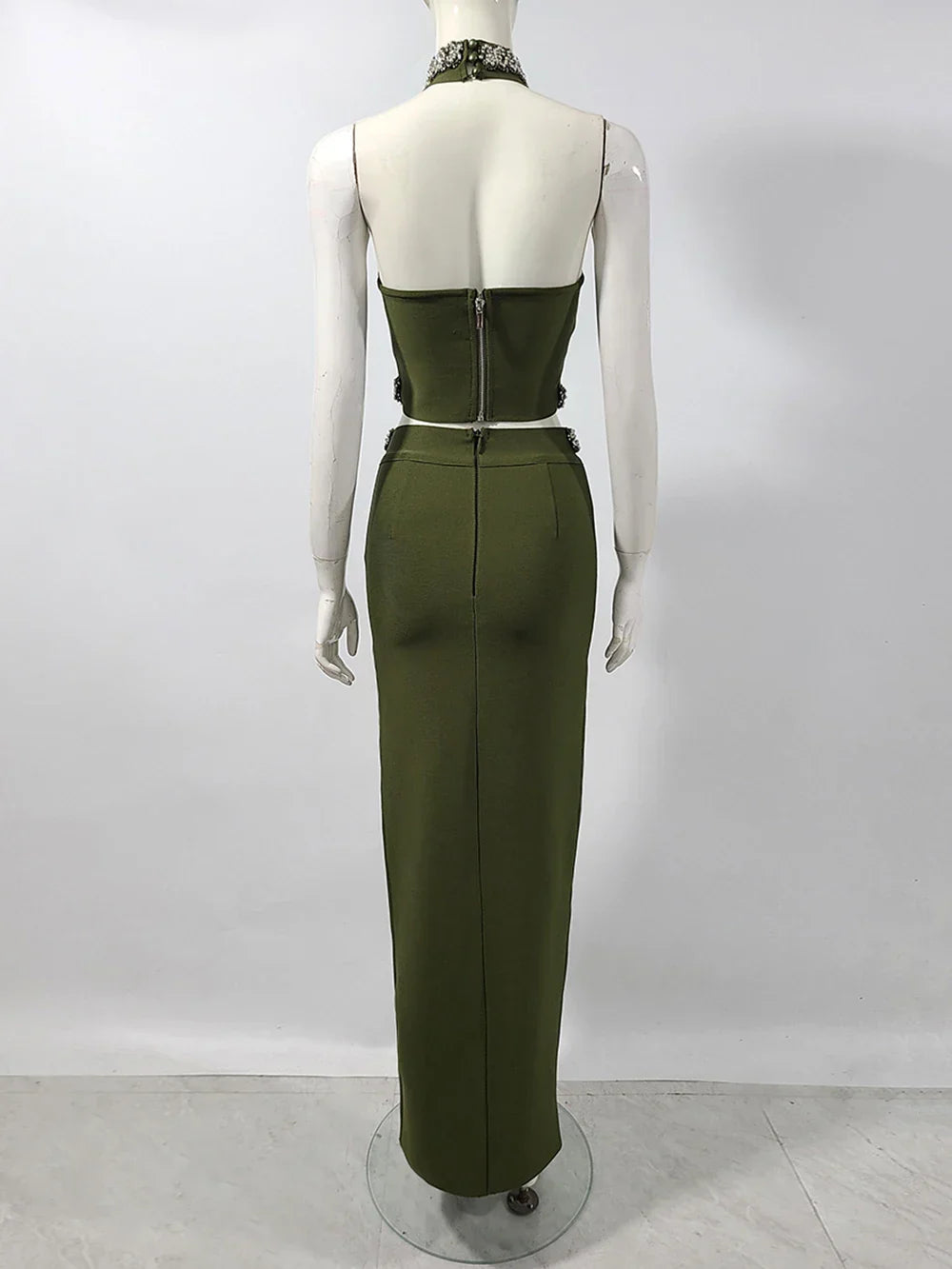 Black Army Green Bandage Two Pieces Sets Sexy Diamond Bead Halter Top Long Skirt Women Bodycon Clothing Elegant Party Sets
