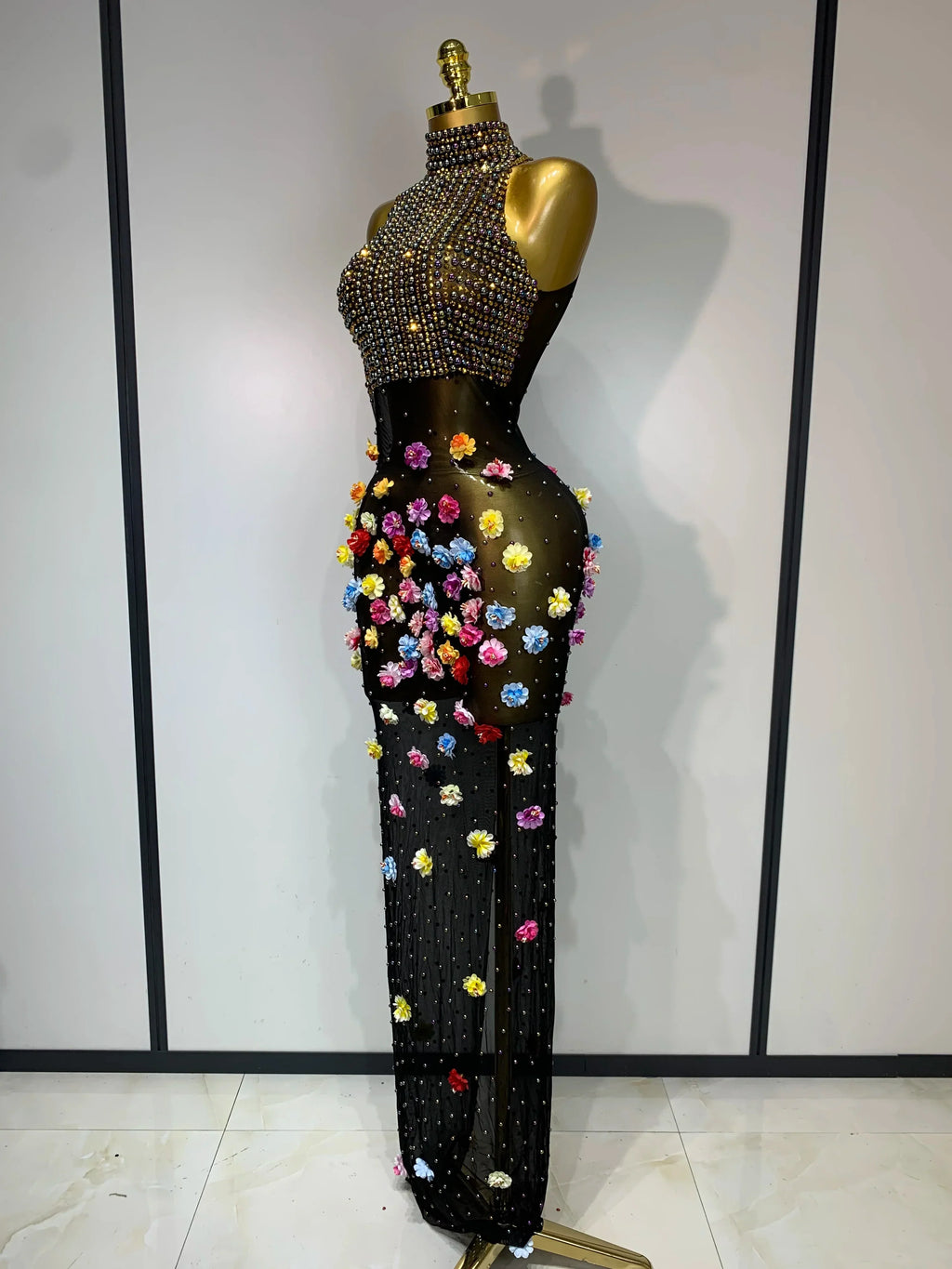 Luxury Rhinestones Flowers Sexy See Through Long Dress  Elegant Evening Party Birthday Wedding Guest Dress Club Stage Outfit