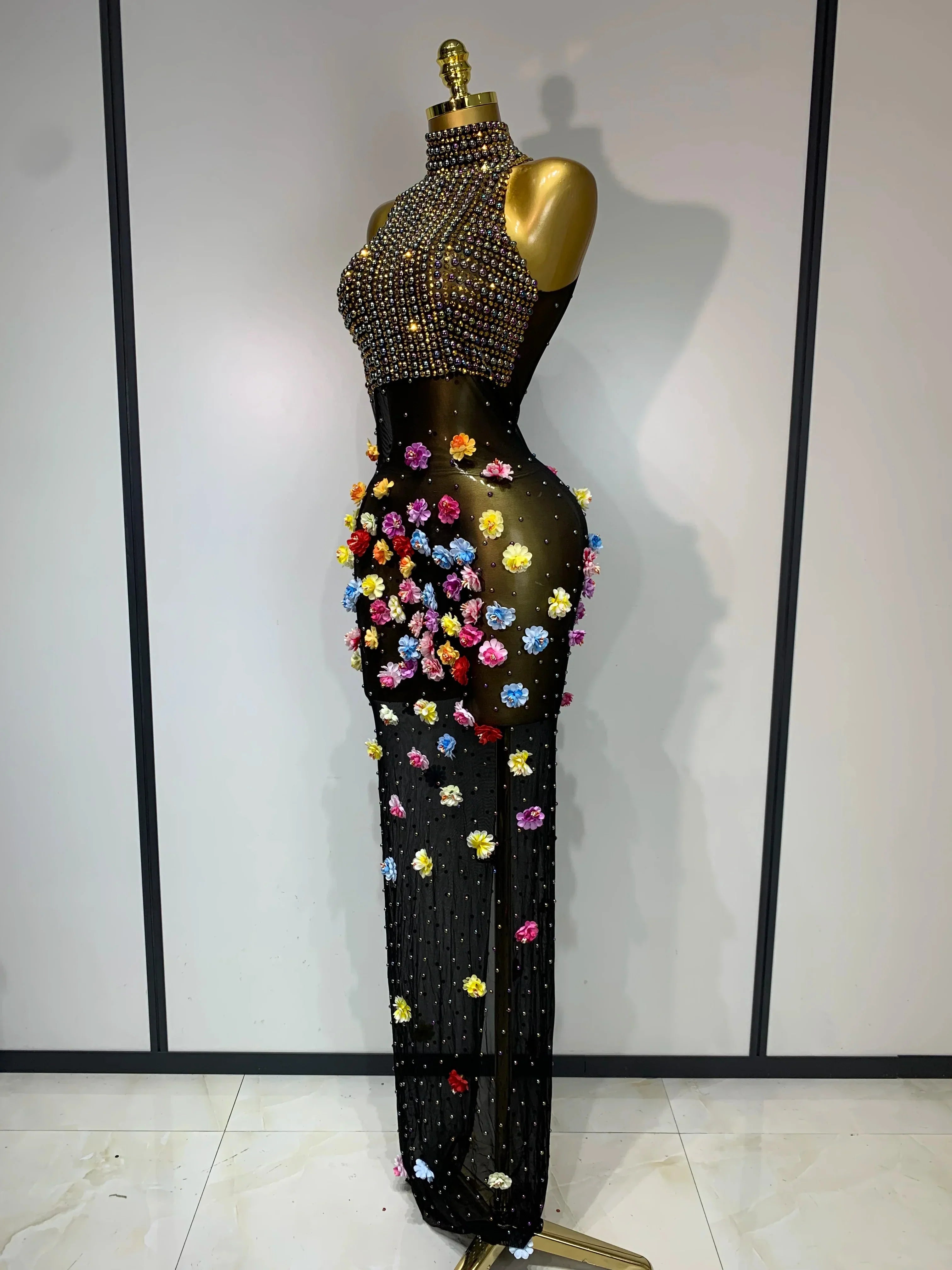 Luxury Rhinestones Flowers Sexy See Through Long Dress  Elegant Evening Party Birthday Wedding Guest Dress Club Stage Outfit