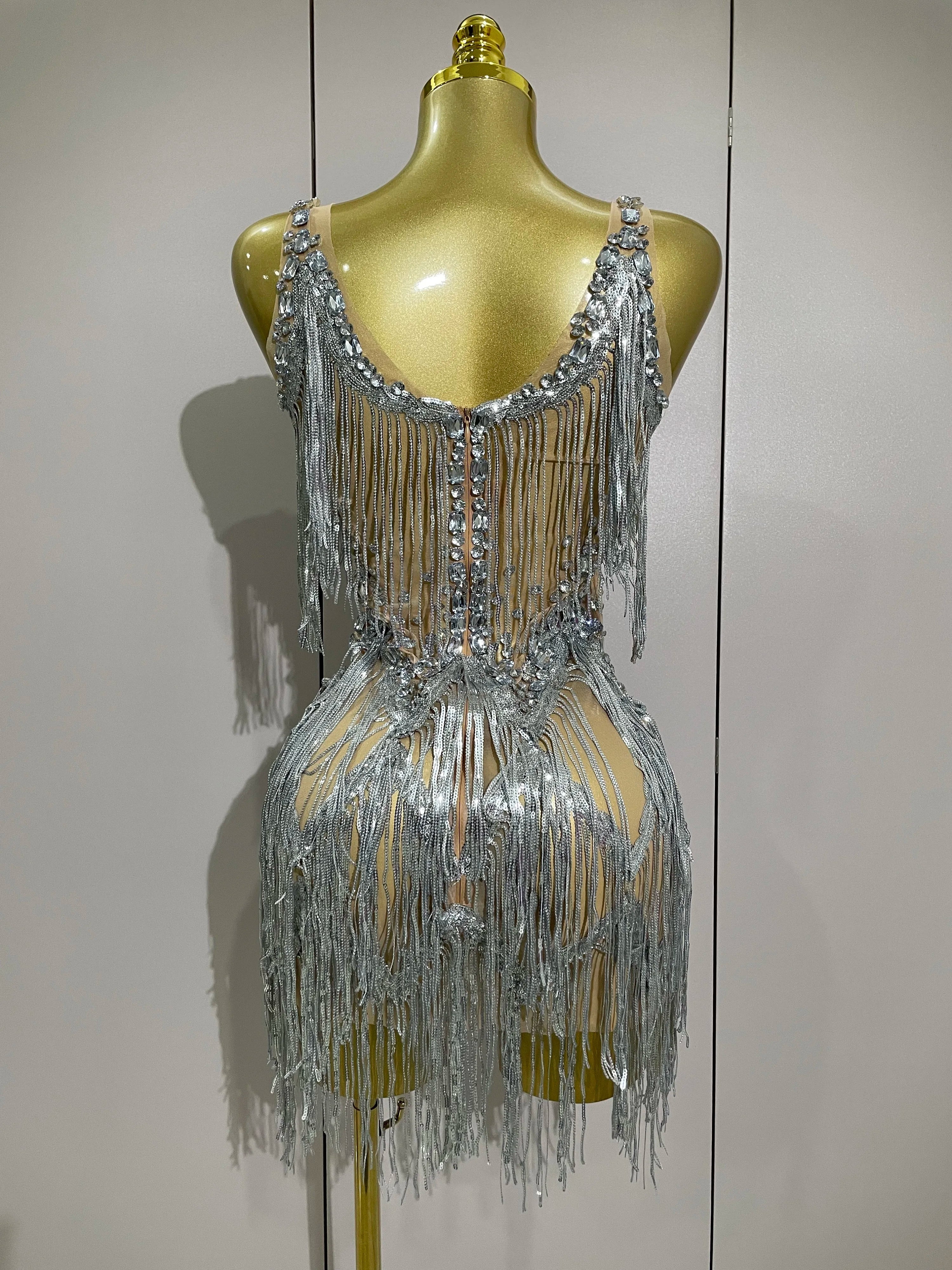 Sparkly Rhinestone Tassels Sexy Mesh Mini Dress  Women Evening Birthday Party Dresses Nightclub Performance Stage Costume