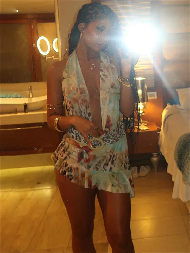 Summer Colourful Leopard Print Halter Mini Dress Beach Outfit Women 2024 Deep V Neck Sexy Backless Irregular Party Dress